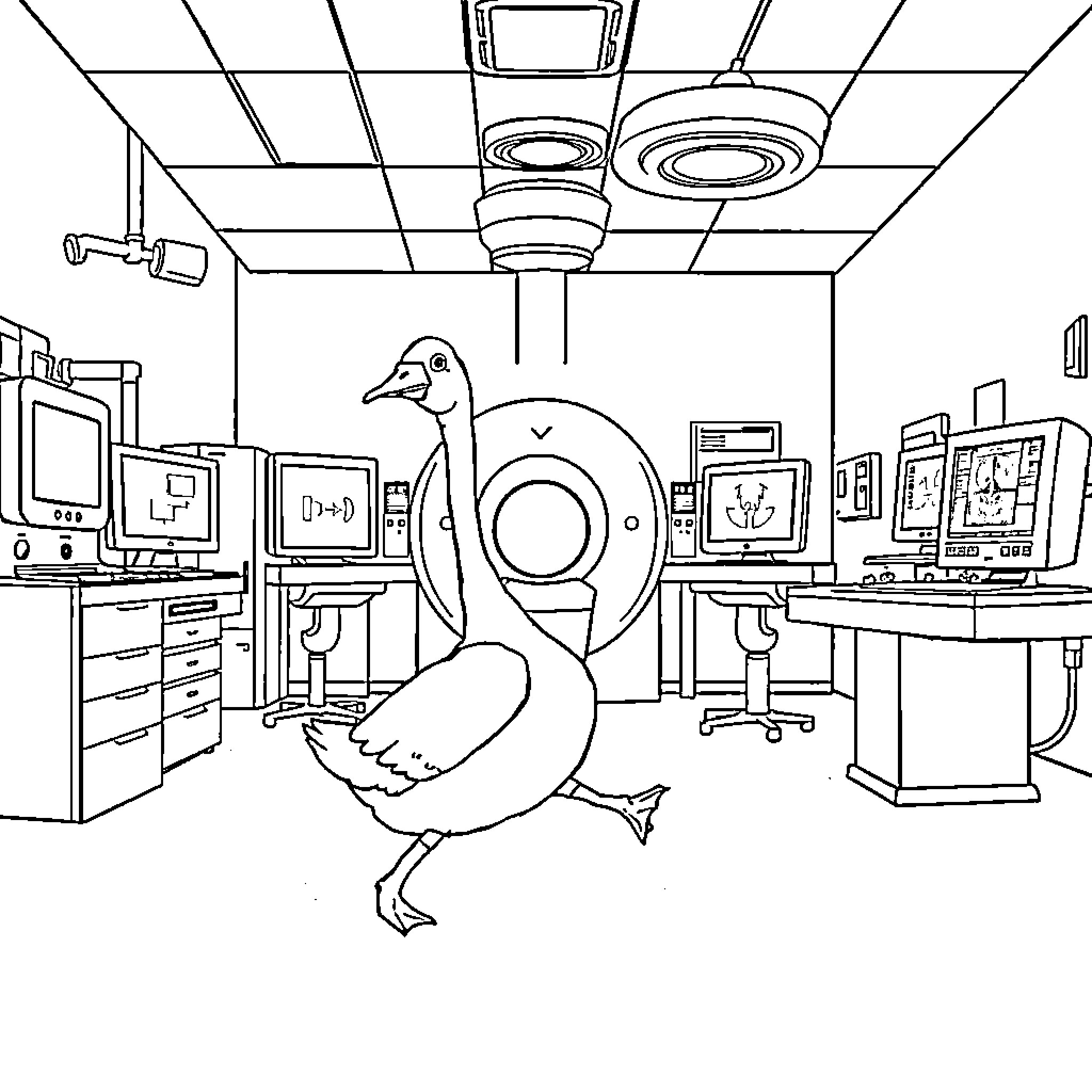 Goose exploring the high-tech office environment Coloring Page (free black-and-white line drawing printable PDF for all, from beginners to advanced learners, including children, teens, adults, and seniors)
