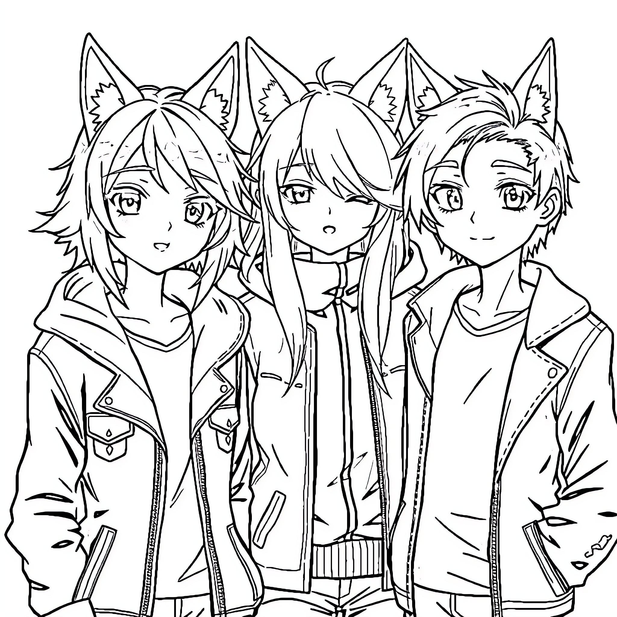 Person with anime-inspired facial features and costumes Coloring Page (free black-and-white line drawing printable PDF for all, from beginners to advanced learners, including children, teens, adults, and seniors)