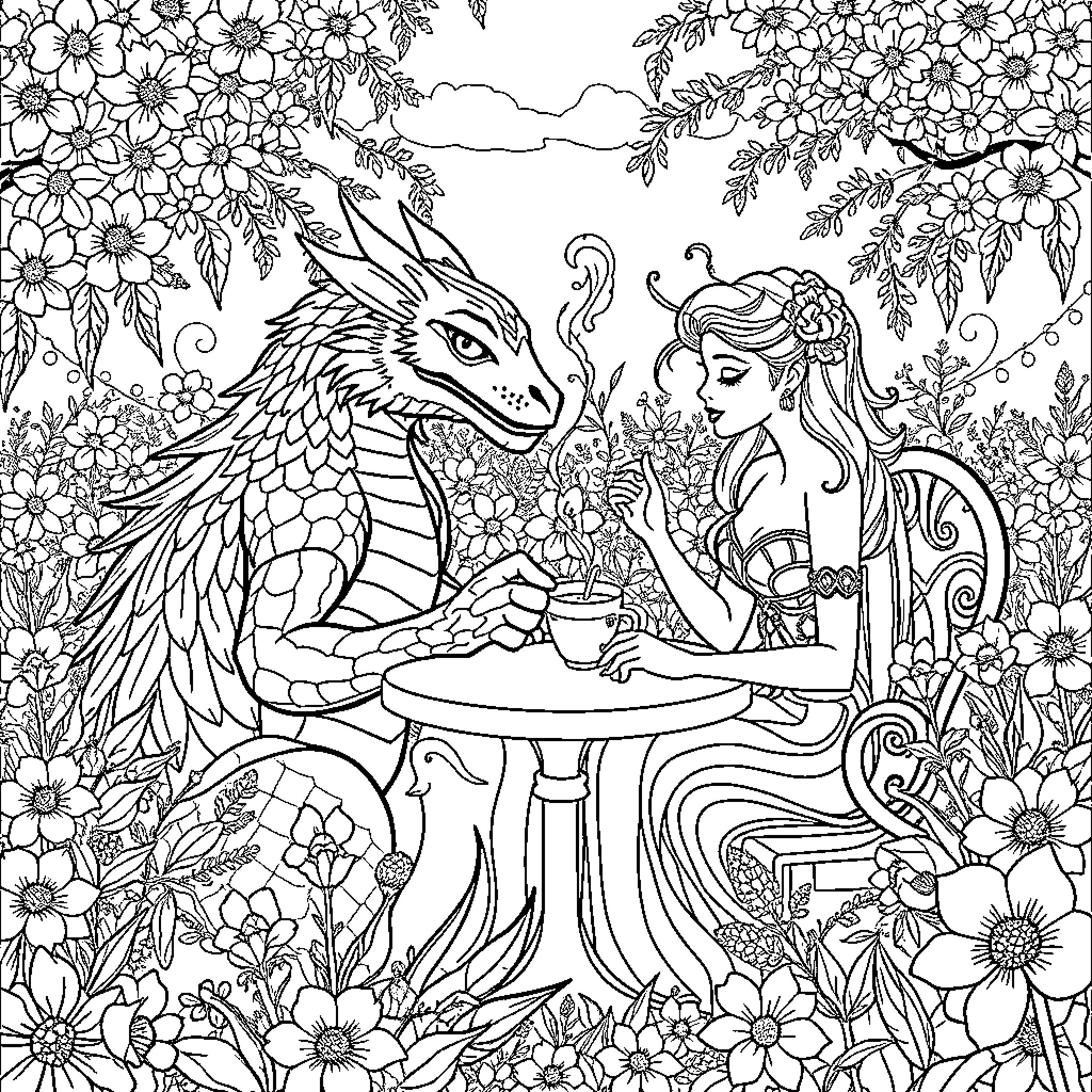Dragon and Maiden Enjoying Tea in Floral Garden Coloring Page (free black-and-white line drawing printable PDF for all, from beginners to advanced learners, including children, teens, adults, and seniors)