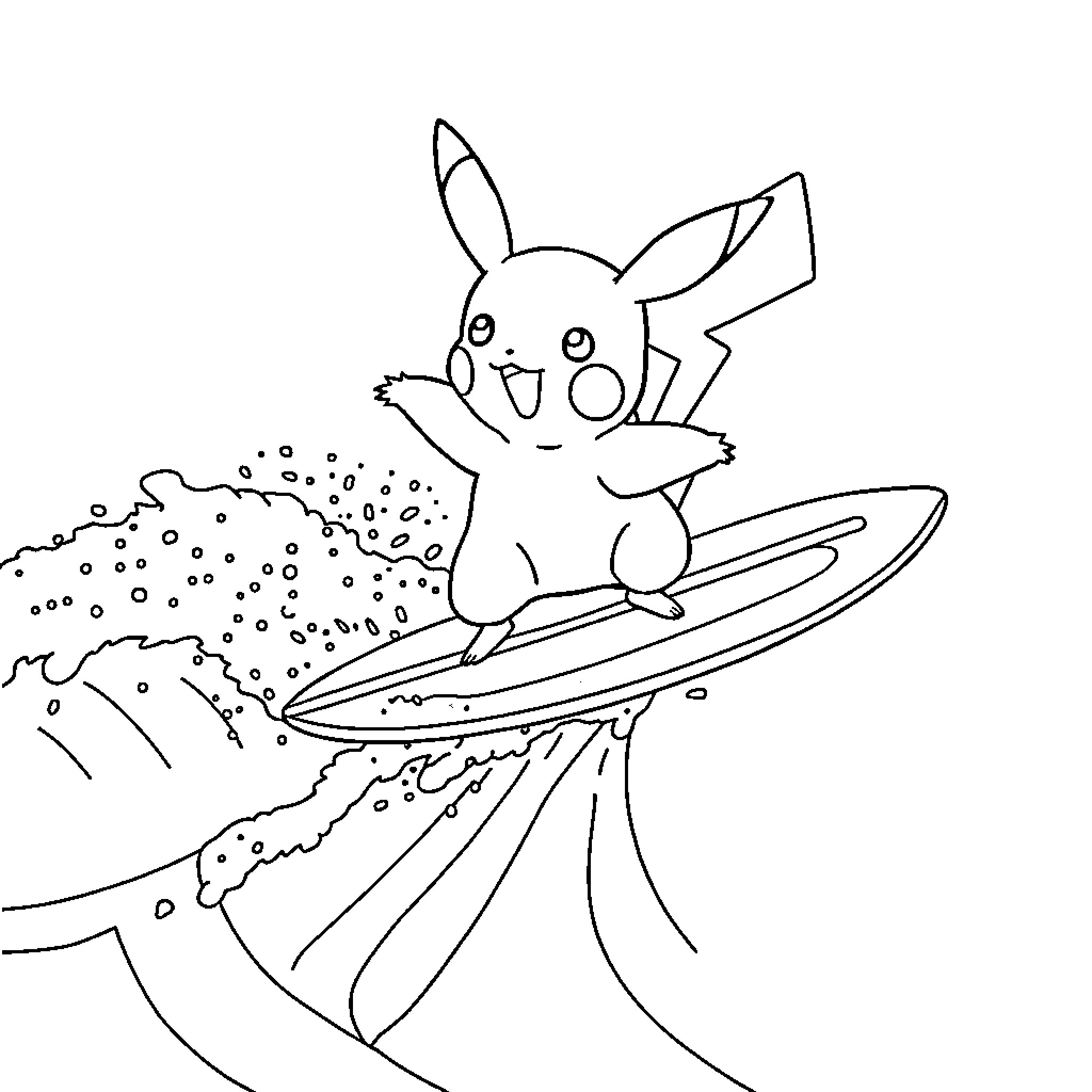 Pikachu surfing on a wave Coloring Page (free black-and-white line drawing printable PDF for all, from beginners to advanced learners, including children, teens, adults, and seniors)