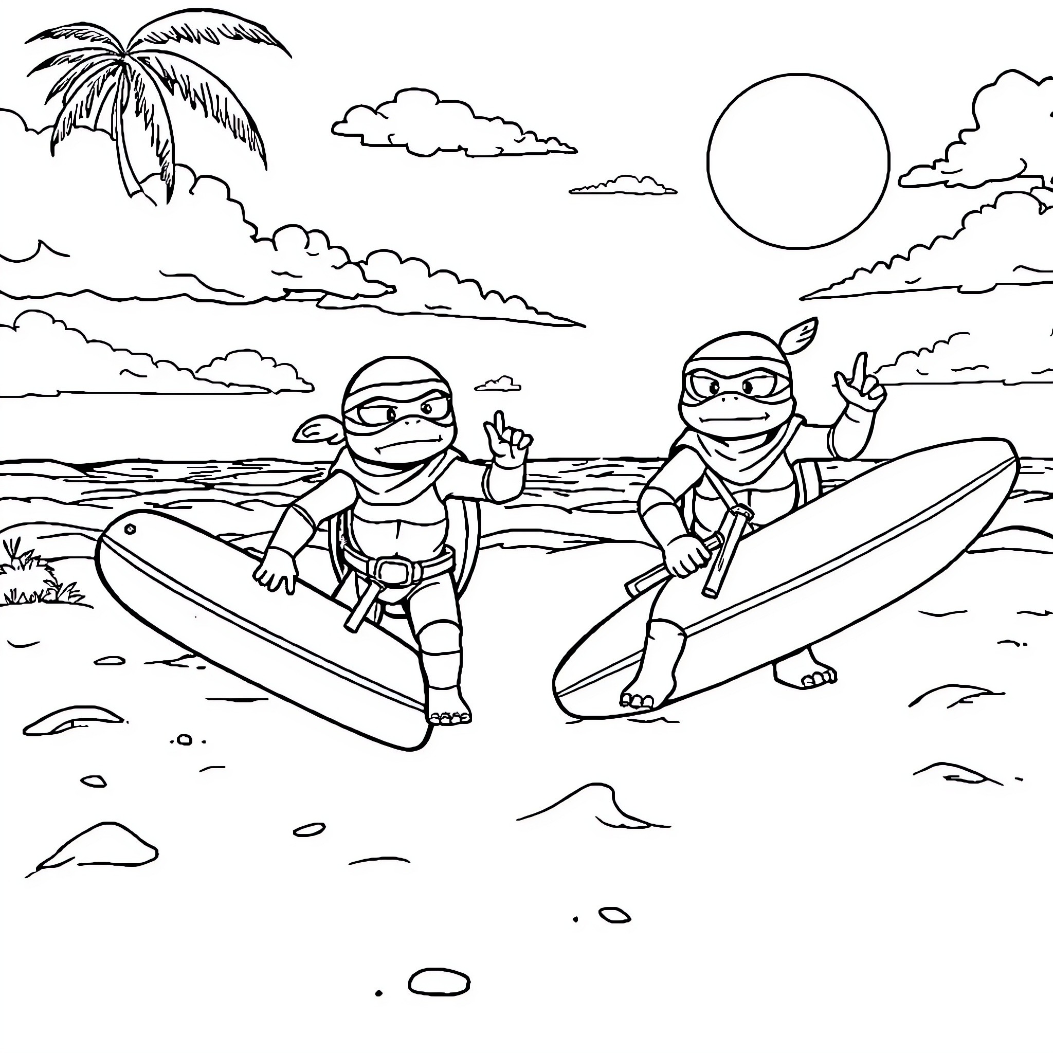 Turtle Surfers Enjoying a Beach Day Coloring Page (free black-and-white line drawing printable PDF for all, from beginners to advanced learners, including children, teens, adults, and seniors)