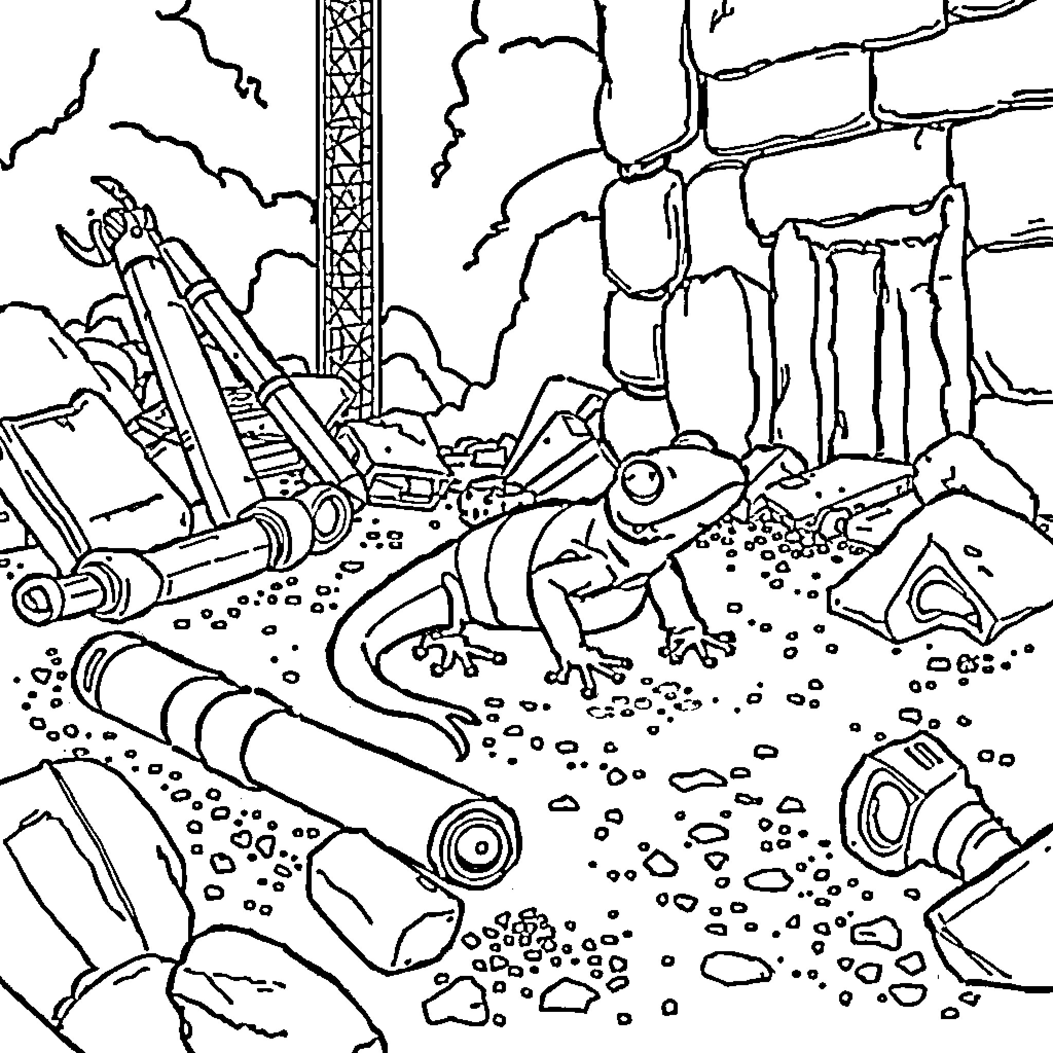 Salamander exploring post-apocalyptic landscape Coloring Page (free black-and-white line drawing printable PDF for all, from beginners to advanced learners, including children, teens, adults, and seniors)