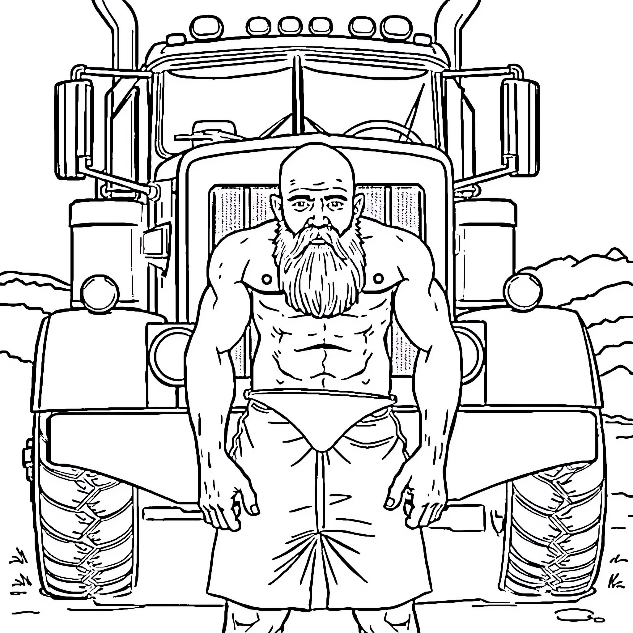 Dude driving big rig through the desert Coloring Page (free black-and-white line drawing printable PDF for all, from beginners to advanced learners, including children, teens, adults, and seniors)