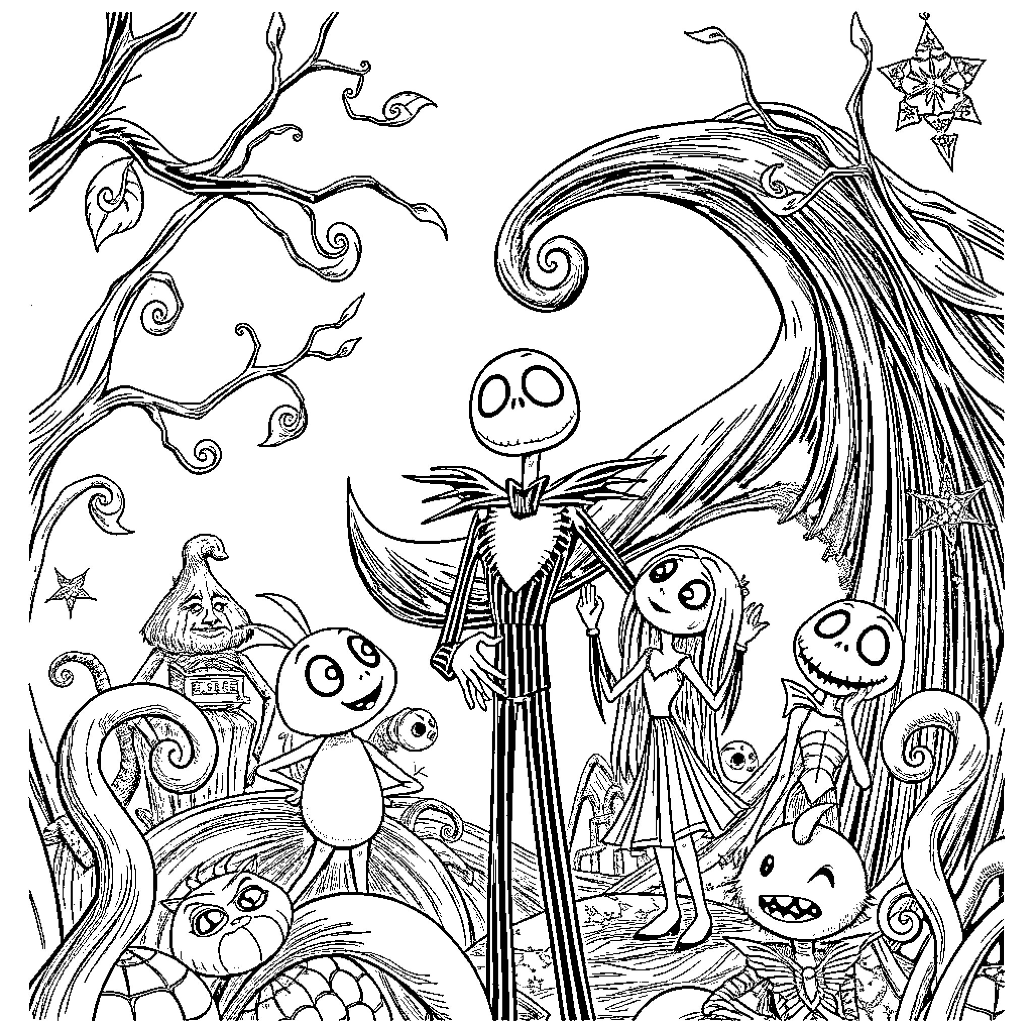 Nightmare Before Christmas: Whimsical Creatures and Spooky Scenes Coloring Page (free black-and-white line drawing printable PDF for all, from beginners to advanced learners, including children, teens, adults, and seniors)