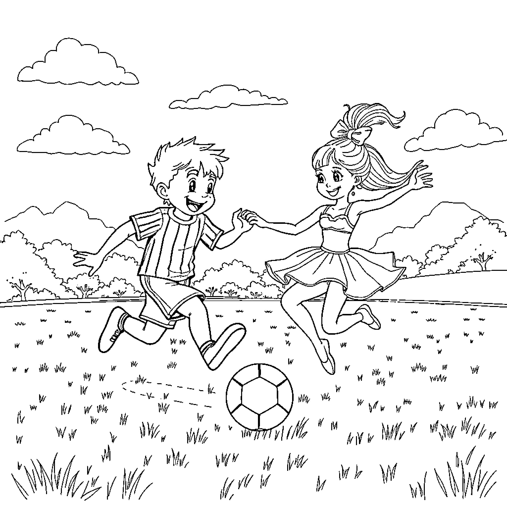 Tralalero Kids Joyfully Playing with Ball in Nature Coloring Page (free black-and-white line drawing printable PDF for all, from beginners to advanced learners, including children, teens, adults, and seniors)