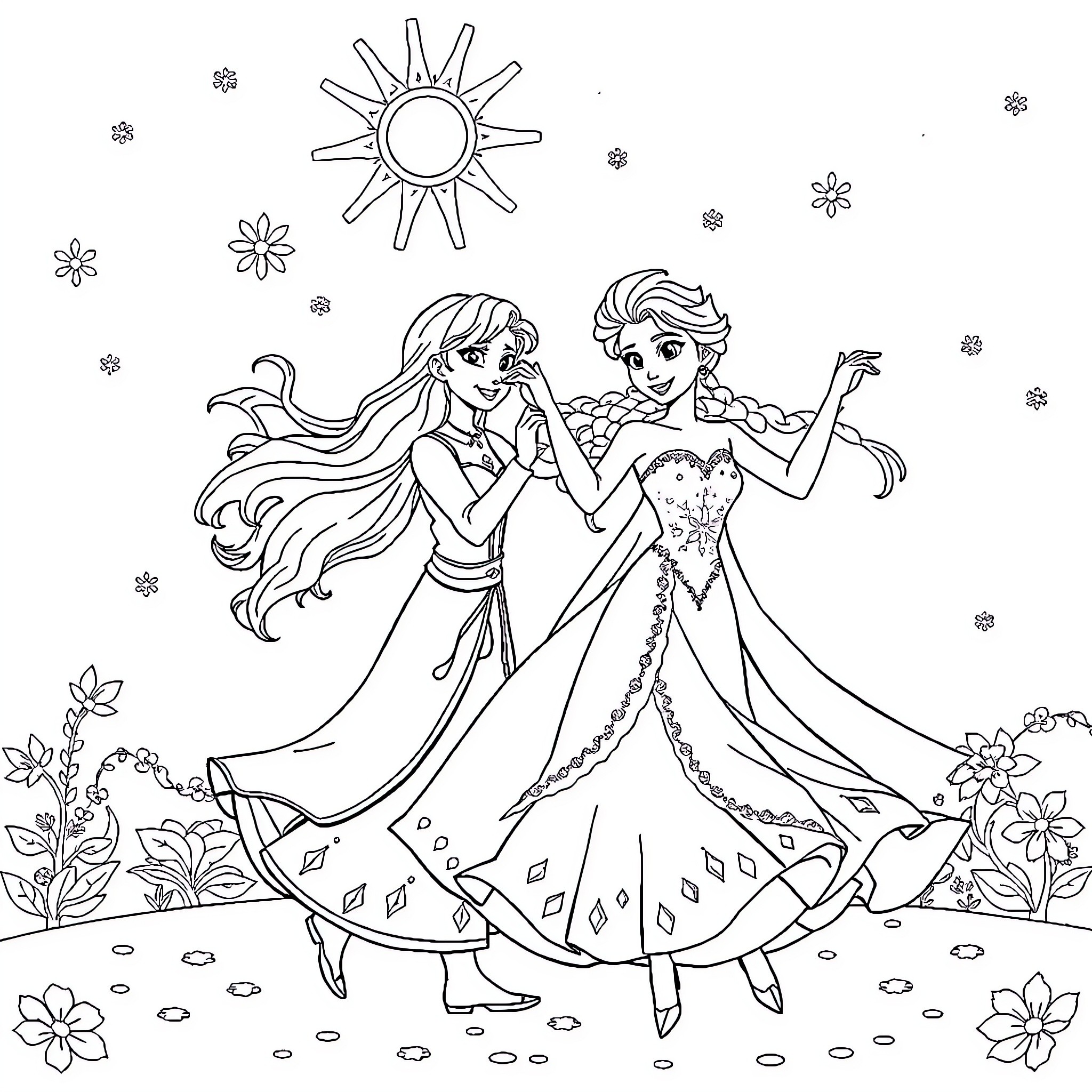 Vaiana and Elsa explore a magical winter wonderland Coloring Page (free black-and-white line drawing printable PDF for all, from beginners to advanced learners, including children, teens, adults, and seniors)