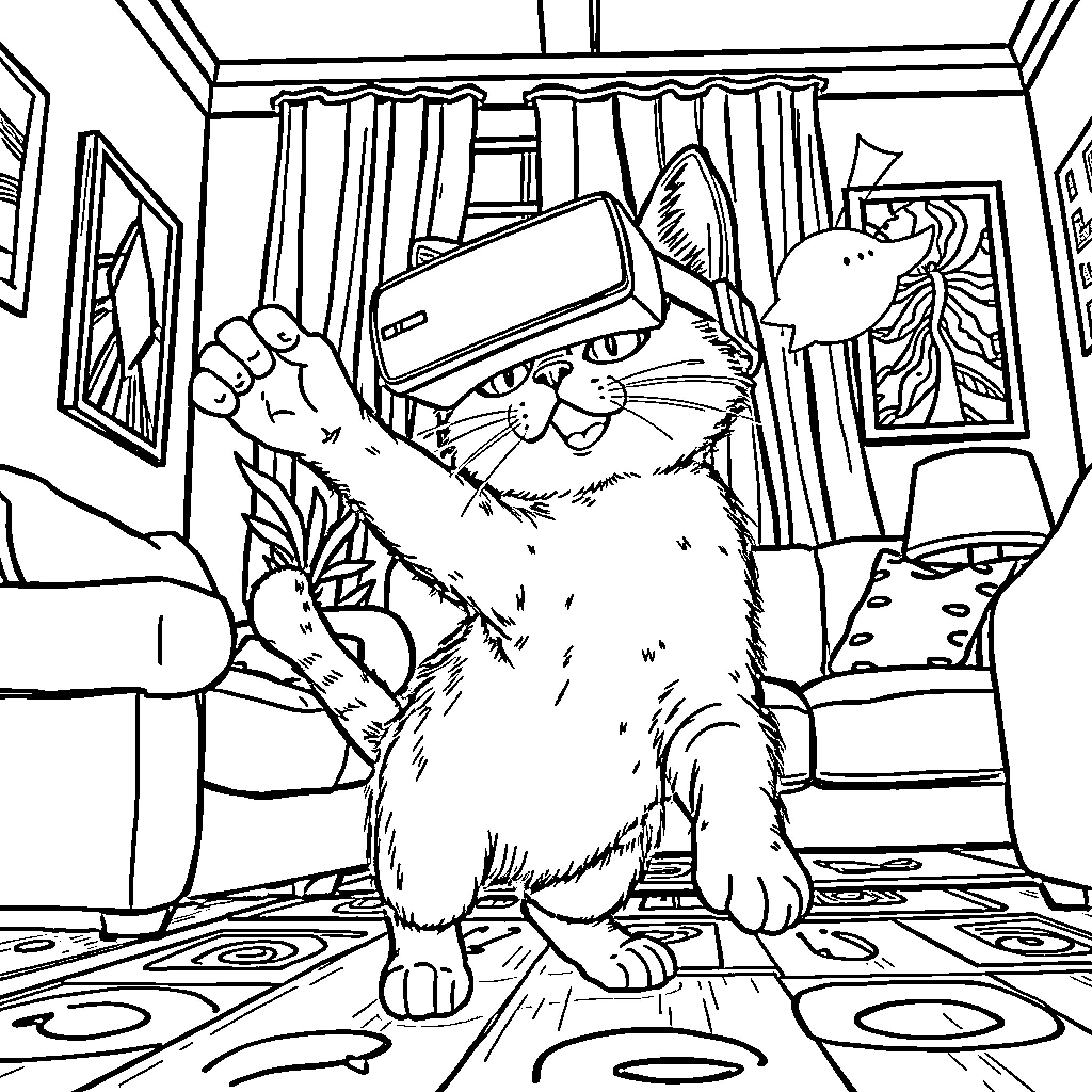 Cat in a strange situation at home Coloring Page (free black-and-white line drawing printable PDF for all, from beginners to advanced learners, including children, teens, adults, and seniors)