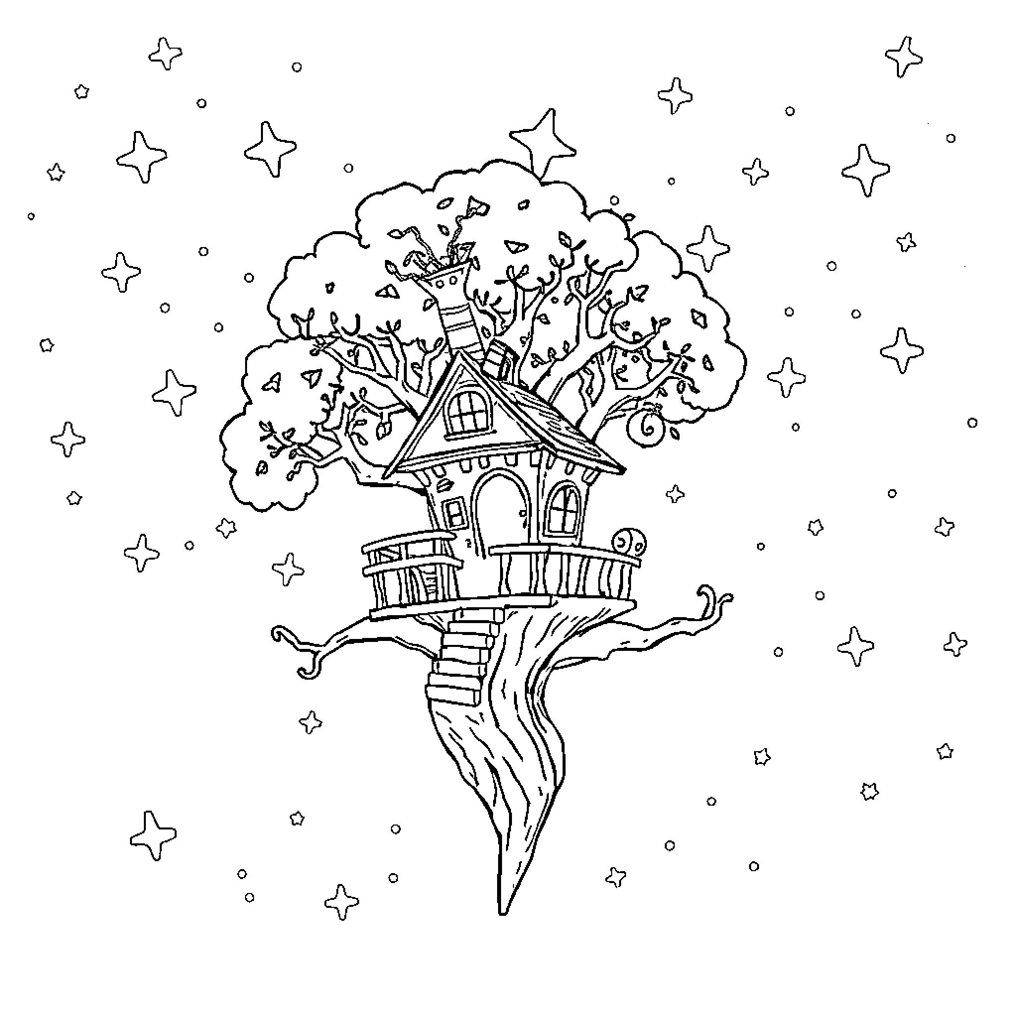 Treehouse with whimsical details in the night sky Coloring Page (free black-and-white line drawing printable PDF for all, from beginners to advanced learners, including children, teens, adults, and seniors)