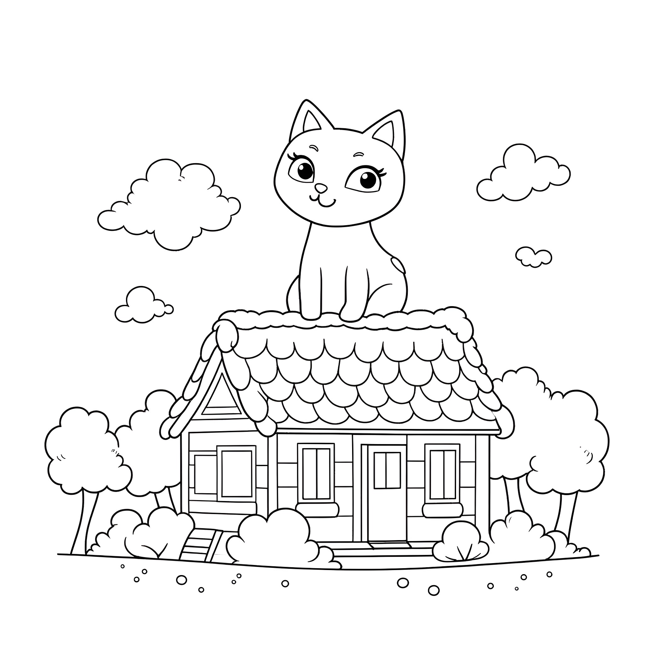 Cat sitting on top of a cozy house Coloring Page (free black-and-white line drawing printable PDF for all, from beginners to advanced learners, including children, teens, adults, and seniors)