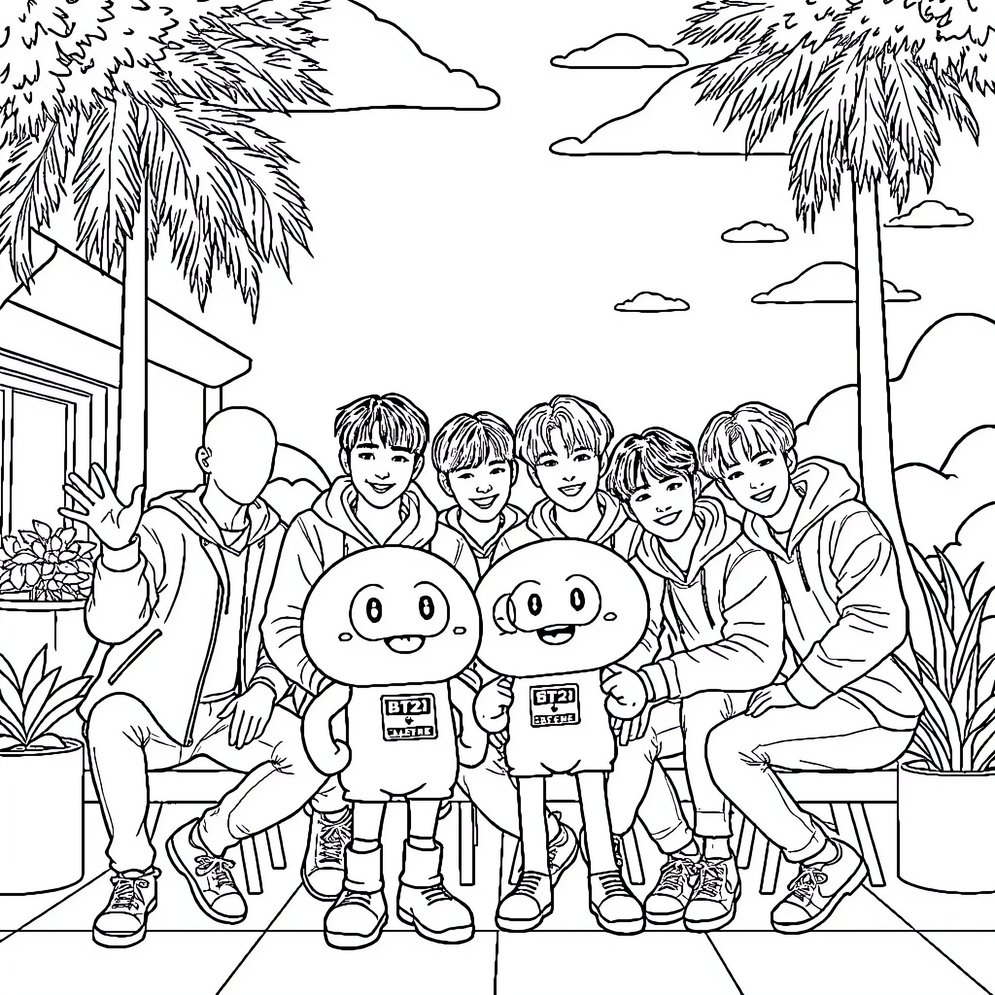 BTS members enjoying a sunny day in the park Coloring Page (free black-and-white line drawing printable PDF for all, from beginners to advanced learners, including children, teens, adults, and seniors)
