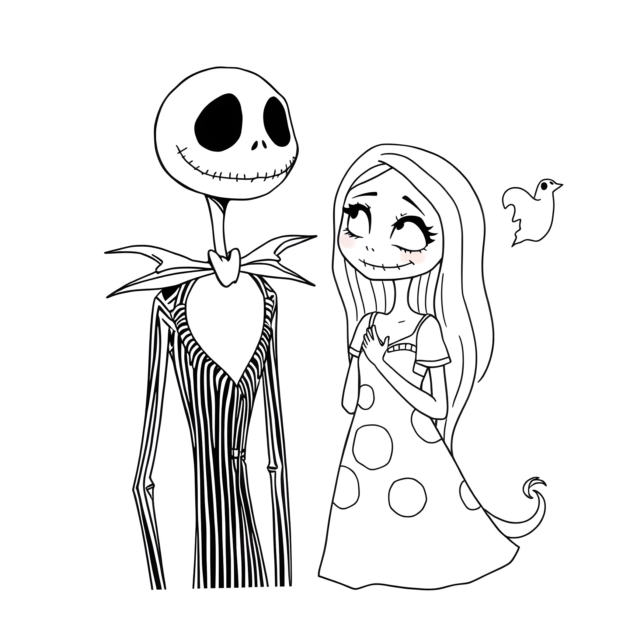 Jack and Sally in Halloween costumes Coloring Page (free black-and-white line drawing printable PDF for all, from beginners to advanced learners, including children, teens, adults, and seniors)