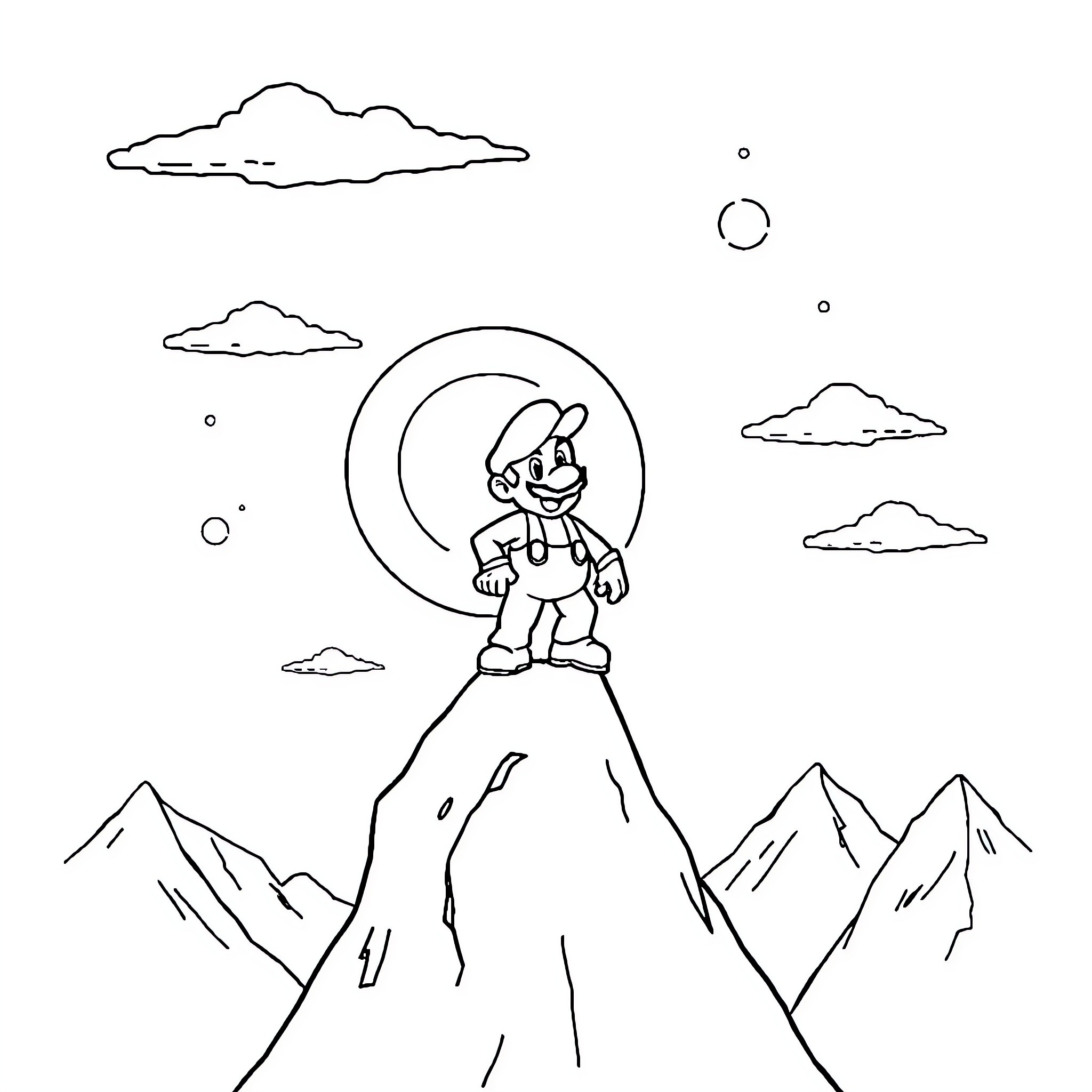 Mario's Mountainous Adventure Coloring Page (free black-and-white line drawing printable PDF for all, from beginners to advanced learners, including children, teens, adults, and seniors)