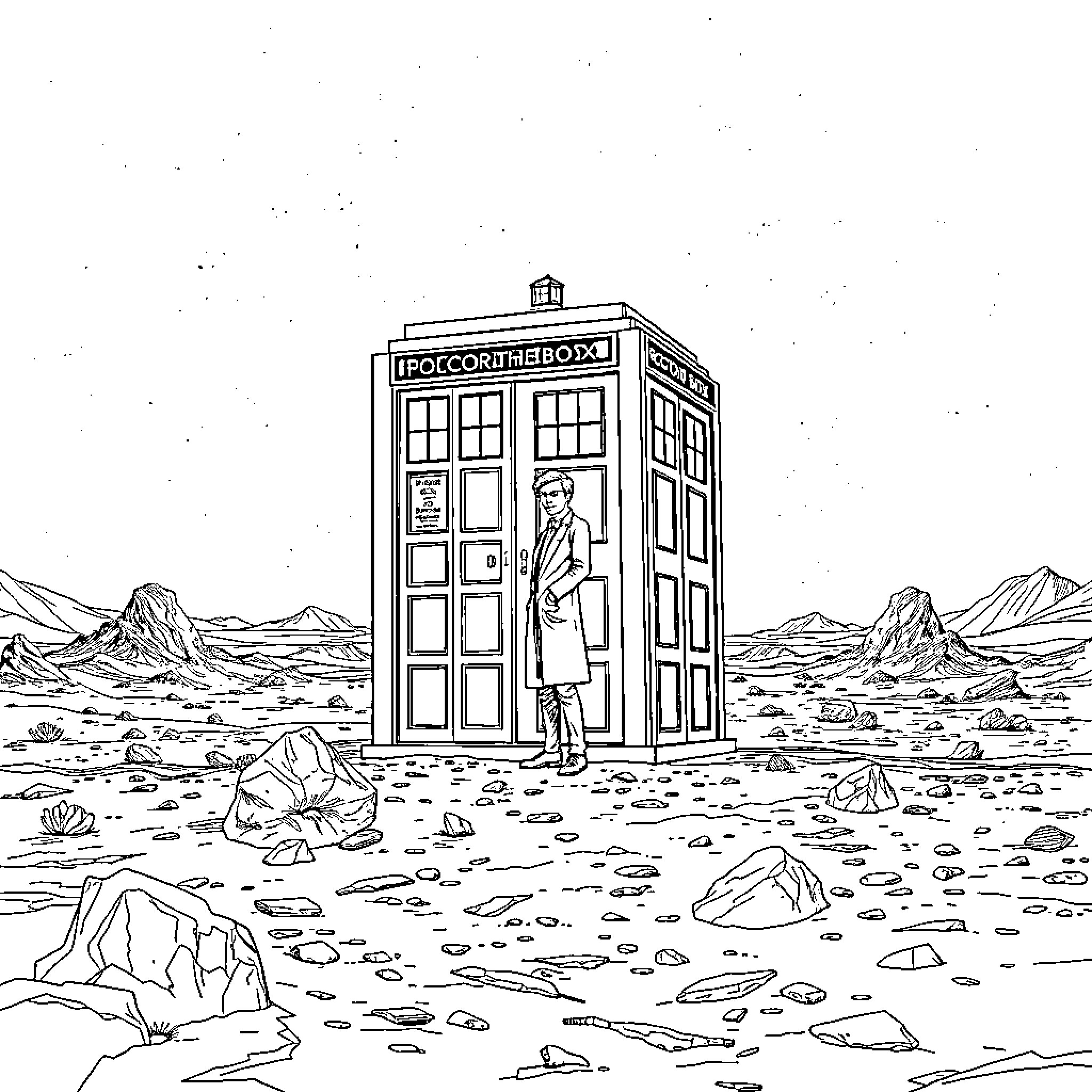 Doctor Who stands near a TARDIS in a desert landscape Coloring Page (free black-and-white line drawing printable PDF for all, from beginners to advanced learners, including children, teens, adults, and seniors)
