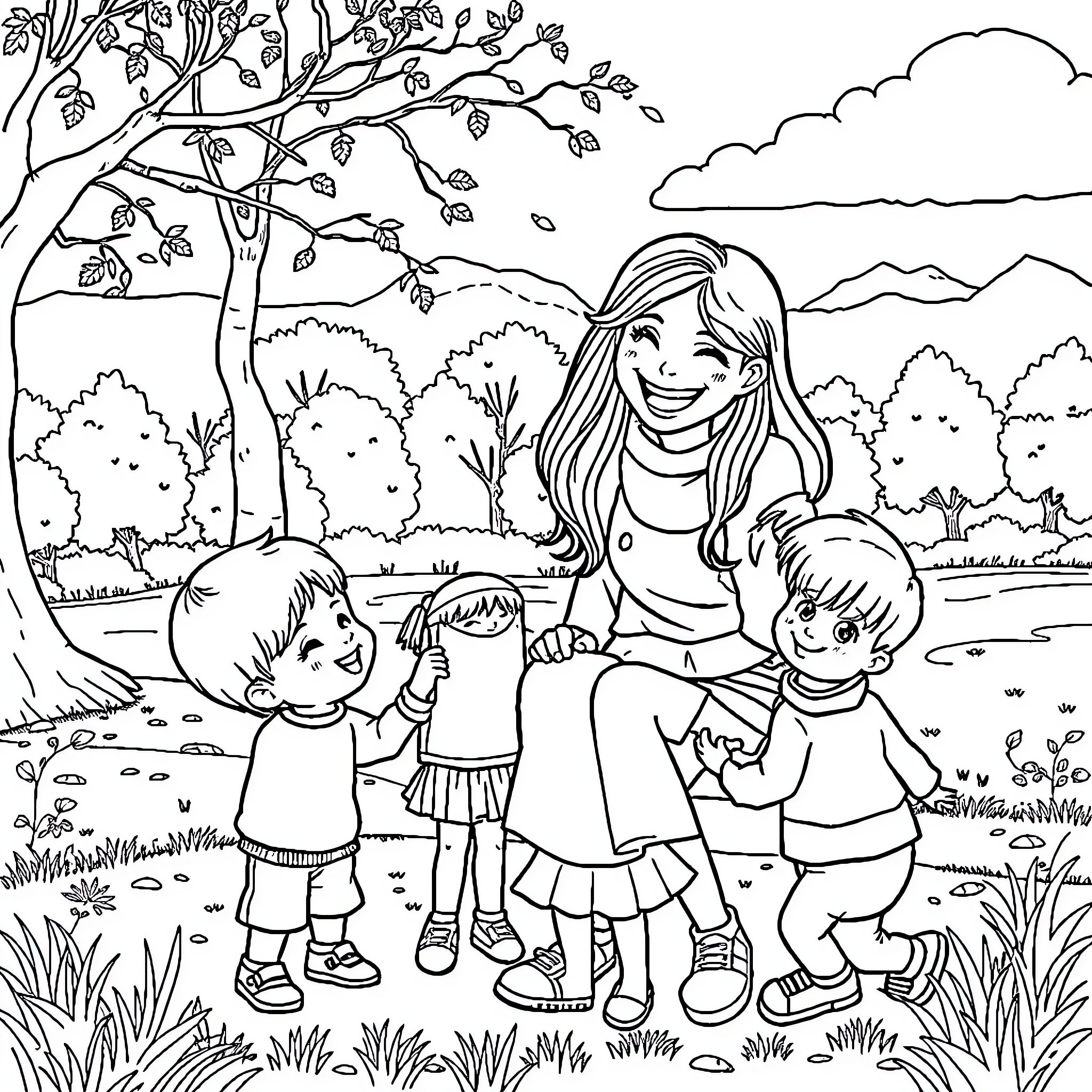 Macha's Family Stroll in the Autumn Landscape Coloring Page (free black-and-white line drawing printable PDF for all, from beginners to advanced learners, including children, teens, adults, and seniors)