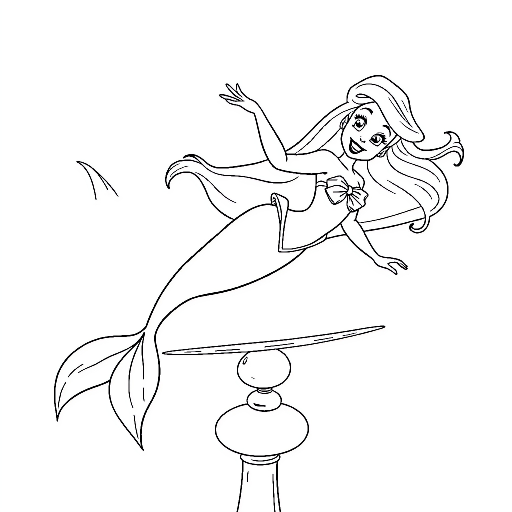 Ariel swimming joyfully on a fountain Coloring Page (free black-and-white line drawing printable PDF for all, from beginners to advanced learners, including children, teens, adults, and seniors)