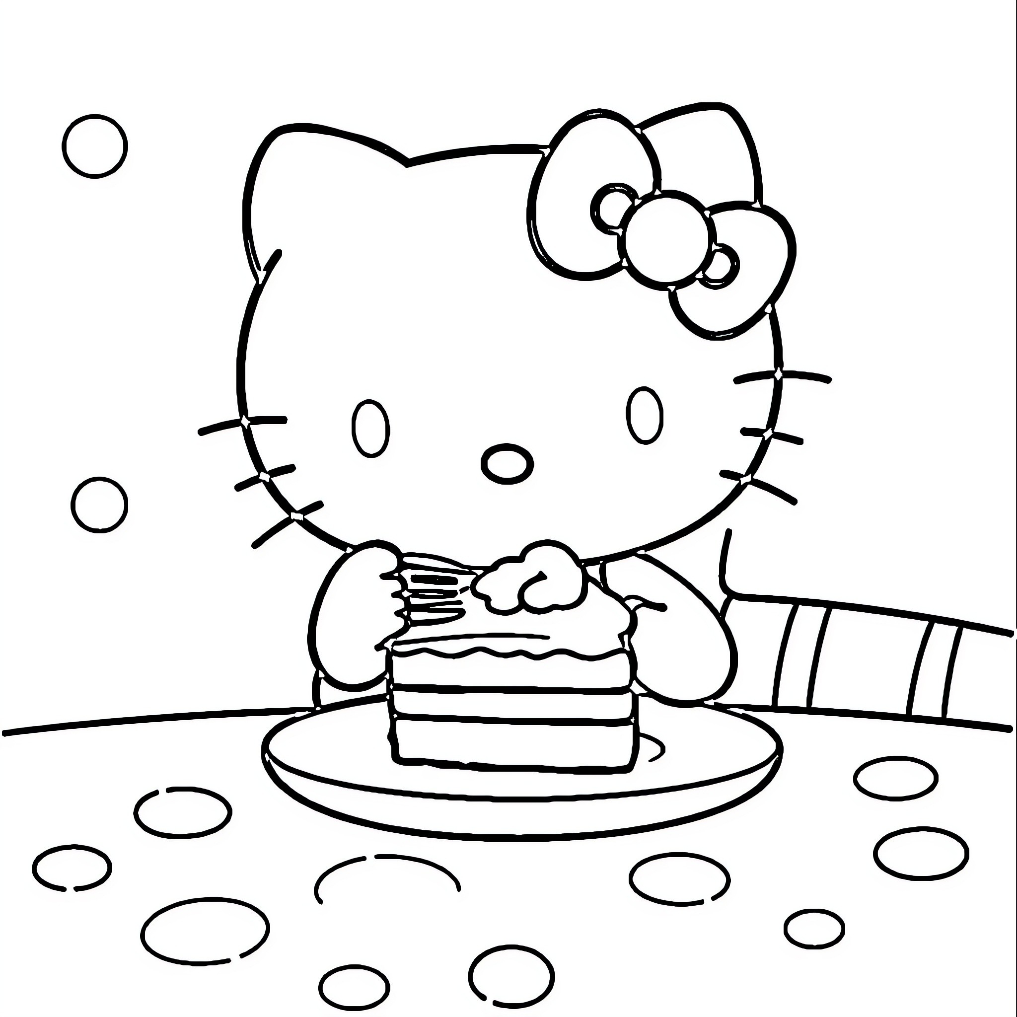 Hello Kitty enjoys a sweet treat Coloring Page (free black-and-white line drawing printable PDF for all, from beginners to advanced learners, including children, teens, adults, and seniors)