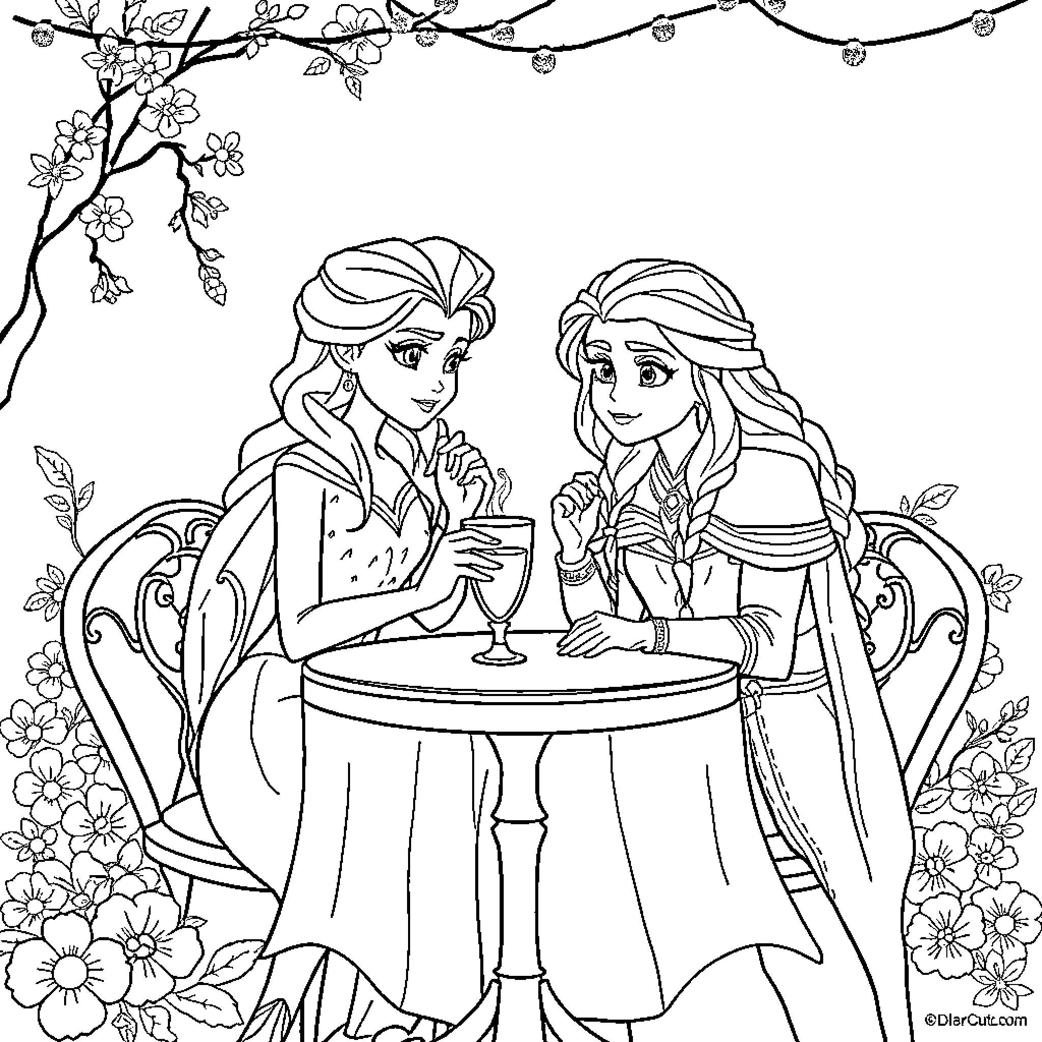 Elsa and Anna sharing a toast in a garden Coloring Page (free black-and-white line drawing printable PDF for all, from beginners to advanced learners, including children, teens, adults, and seniors)