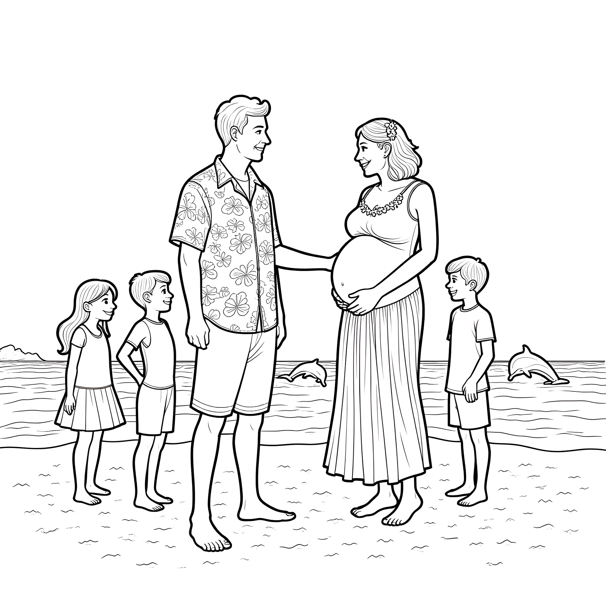 Wedding by the Beach with Family Coloring Page (free black-and-white line drawing printable PDF for all, from beginners to advanced learners, including children, teens, adults, and seniors)