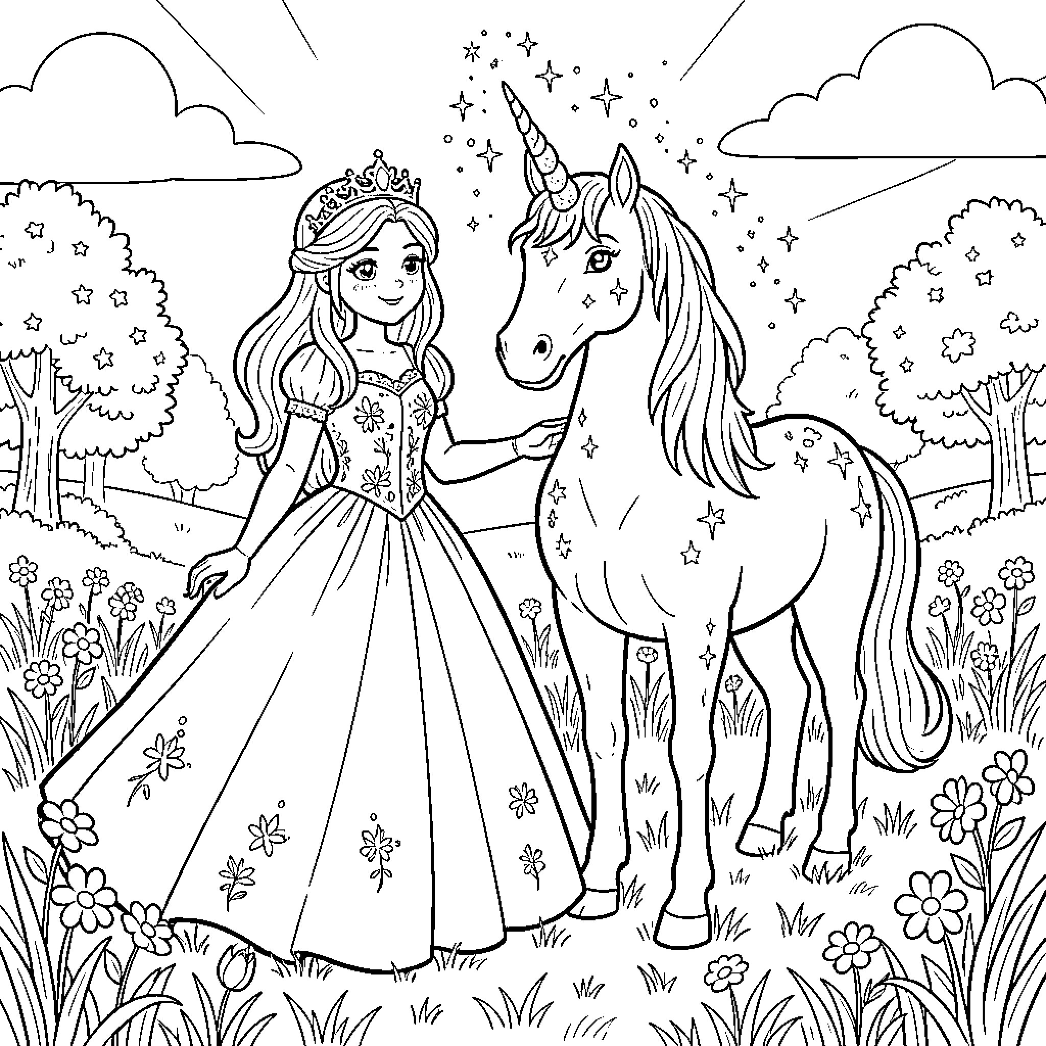 Princess with Majestic Unicorn in Enchanting Meadow Coloring Page (free black-and-white line drawing printable PDF for all, from beginners to advanced learners, including children, teens, adults, and seniors)
