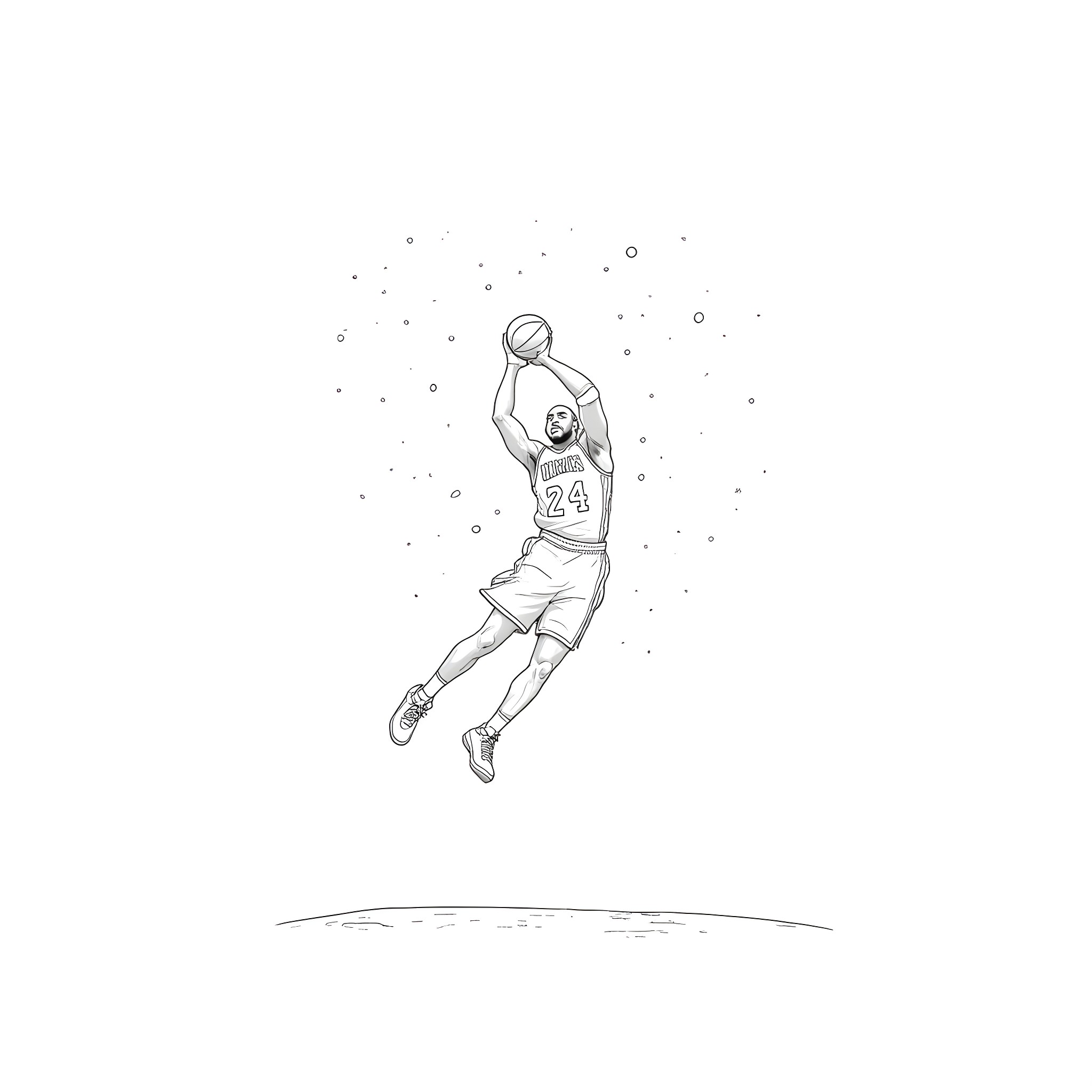 Kobe Bryant making a slam dunk during a basketball game Coloring Page (free black-and-white line drawing printable PDF for all, from beginners to advanced learners, including children, teens, adults, and seniors)