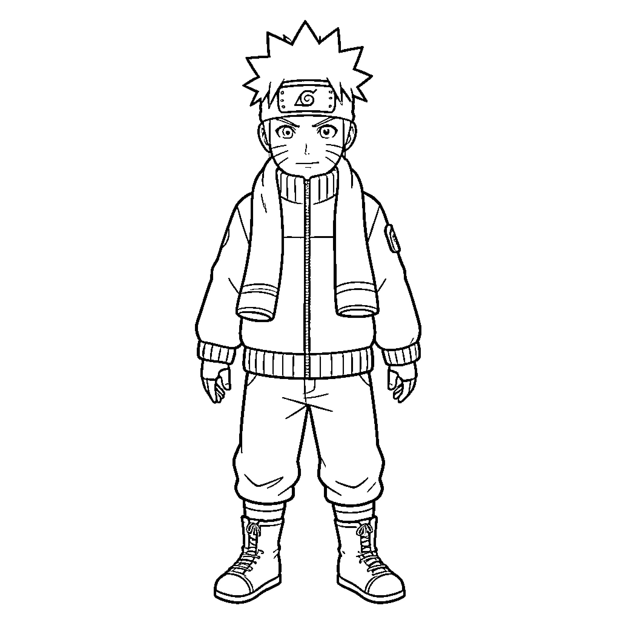 Naruto standing calmly in his signature shinobi outfit Coloring Page (free black-and-white line drawing printable PDF for all, from beginners to advanced learners, including children, teens, adults, and seniors)