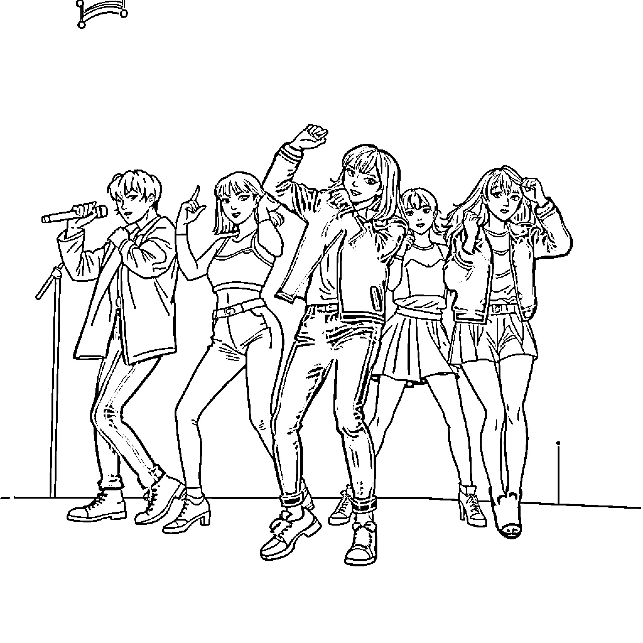 Kpop Group Performing on Stage Coloring Page (free black-and-white line drawing printable PDF for all, from beginners to advanced learners, including children, teens, adults, and seniors)