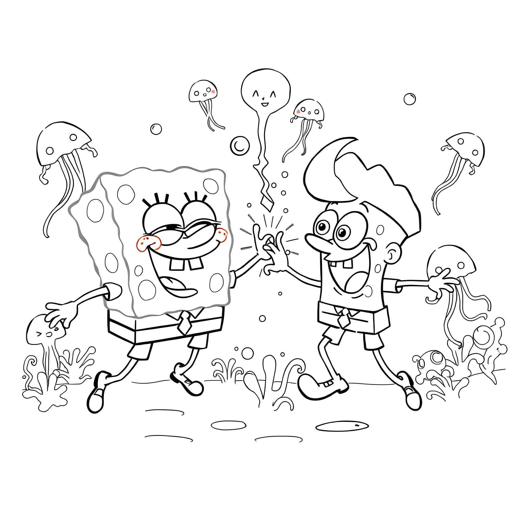 Spongebob and Patrick explore the underwater world Coloring Page (free black-and-white line drawing printable PDF for all, from beginners to advanced learners, including children, teens, adults, and seniors)