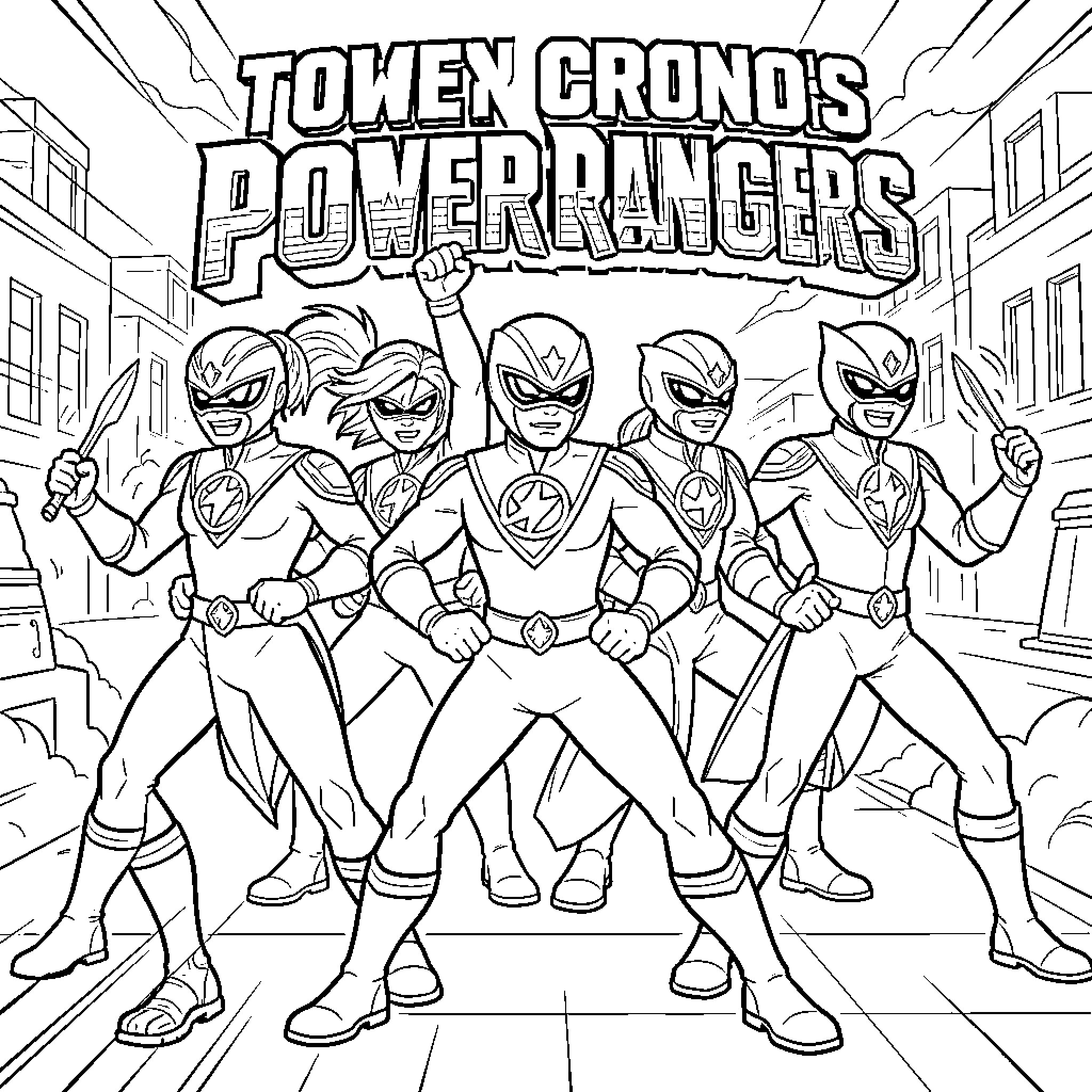 Power Rangers team battles in the city Coloring Page (free black-and-white line drawing printable PDF for all, from beginners to advanced learners, including children, teens, adults, and seniors)