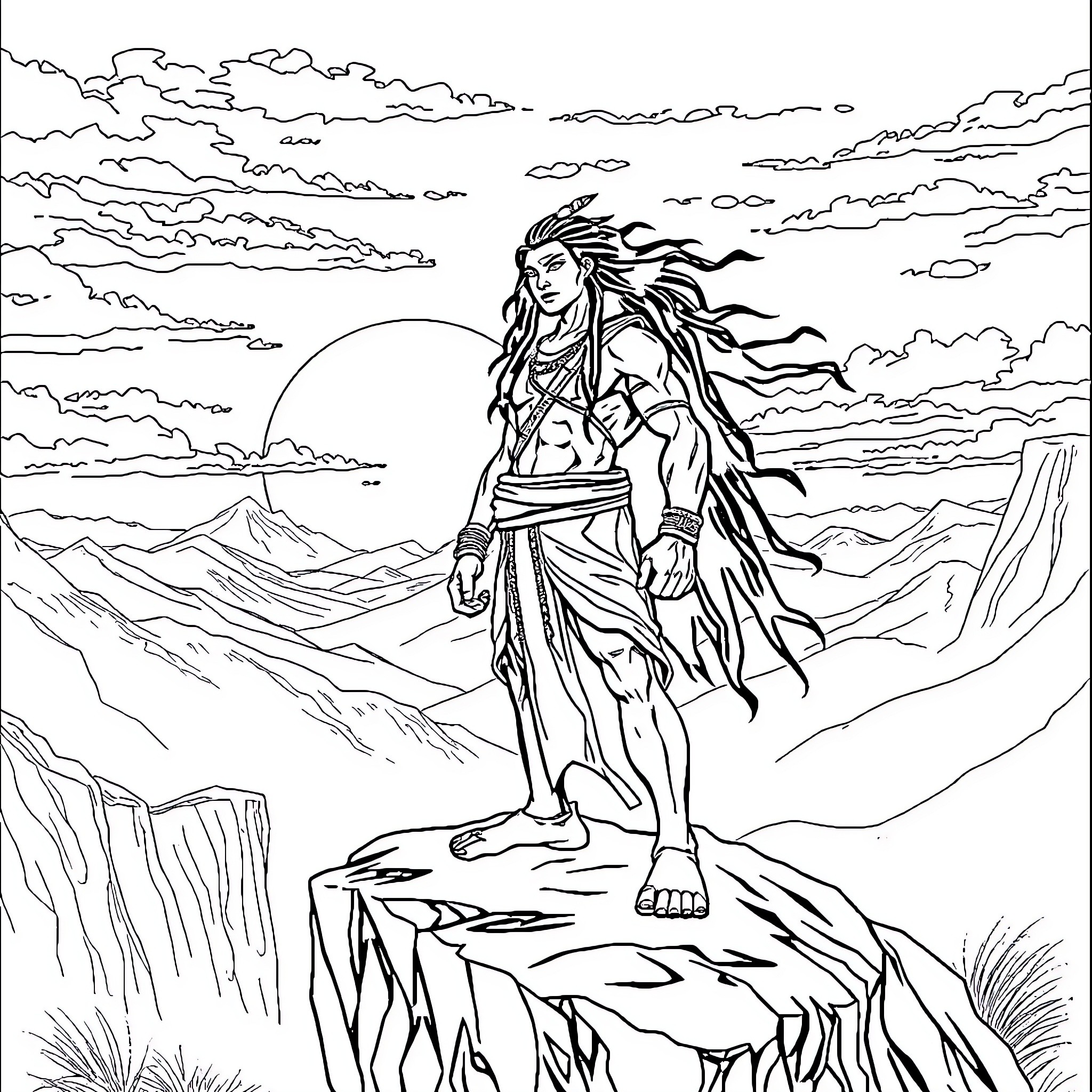 Avatar of a mystical warrior standing on a cliff Coloring Page (free black-and-white line drawing printable PDF for all, from beginners to advanced learners, including children, teens, adults, and seniors)
