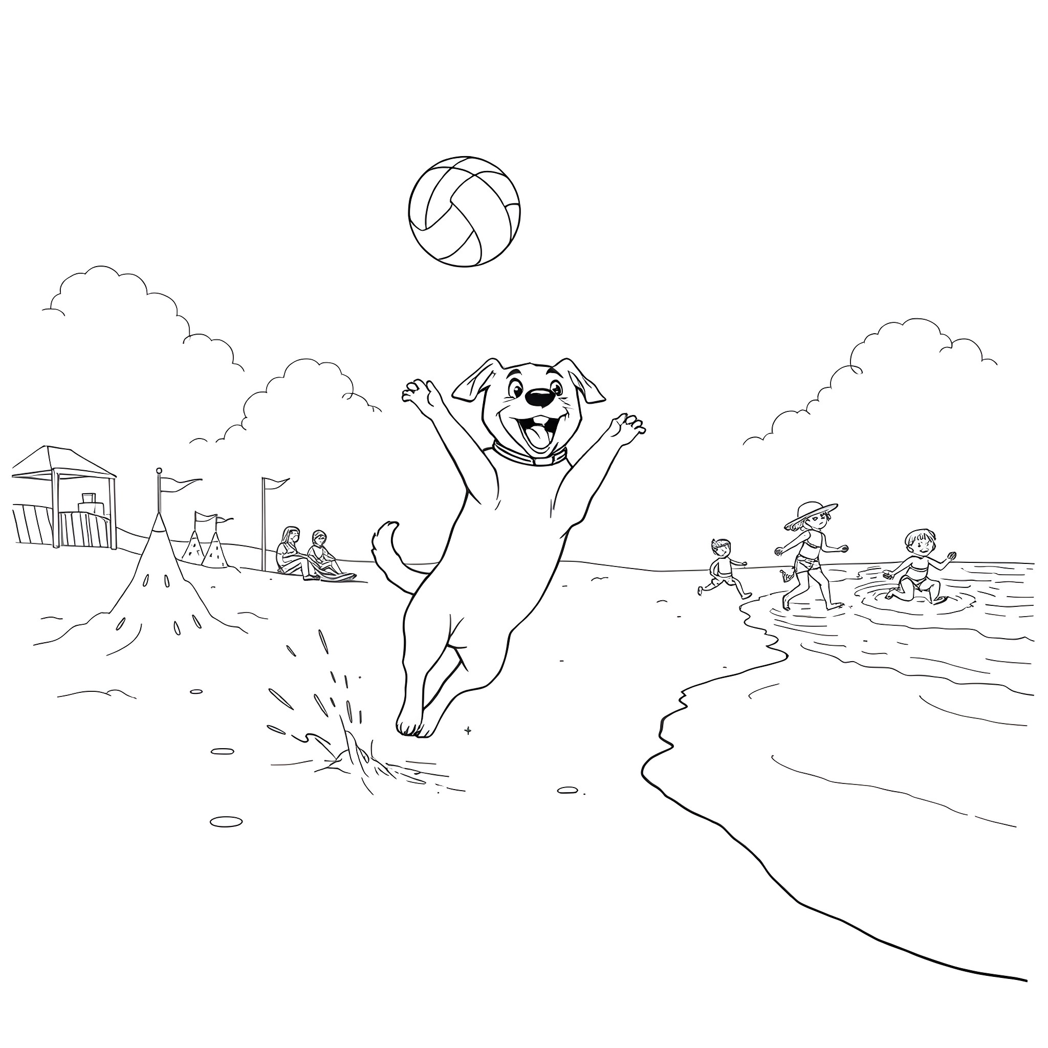Dog playing with a ball on the beach Coloring Page (free black-and-white line drawing printable PDF for all, from beginners to advanced learners, including children, teens, adults, and seniors)