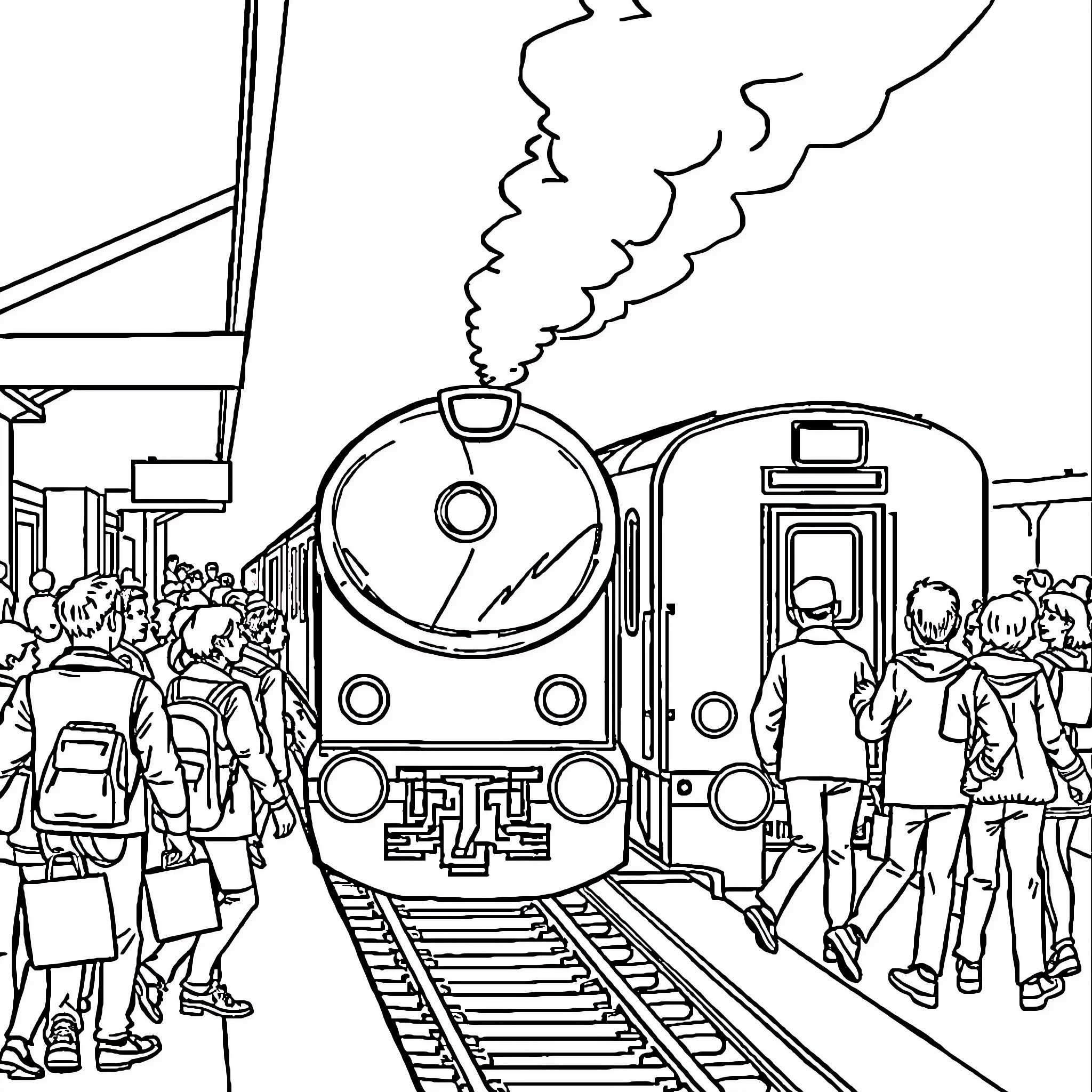 Train passengers boarding at station platform Coloring Page (free black-and-white line drawing printable PDF for all, from beginners to advanced learners, including children, teens, adults, and seniors)