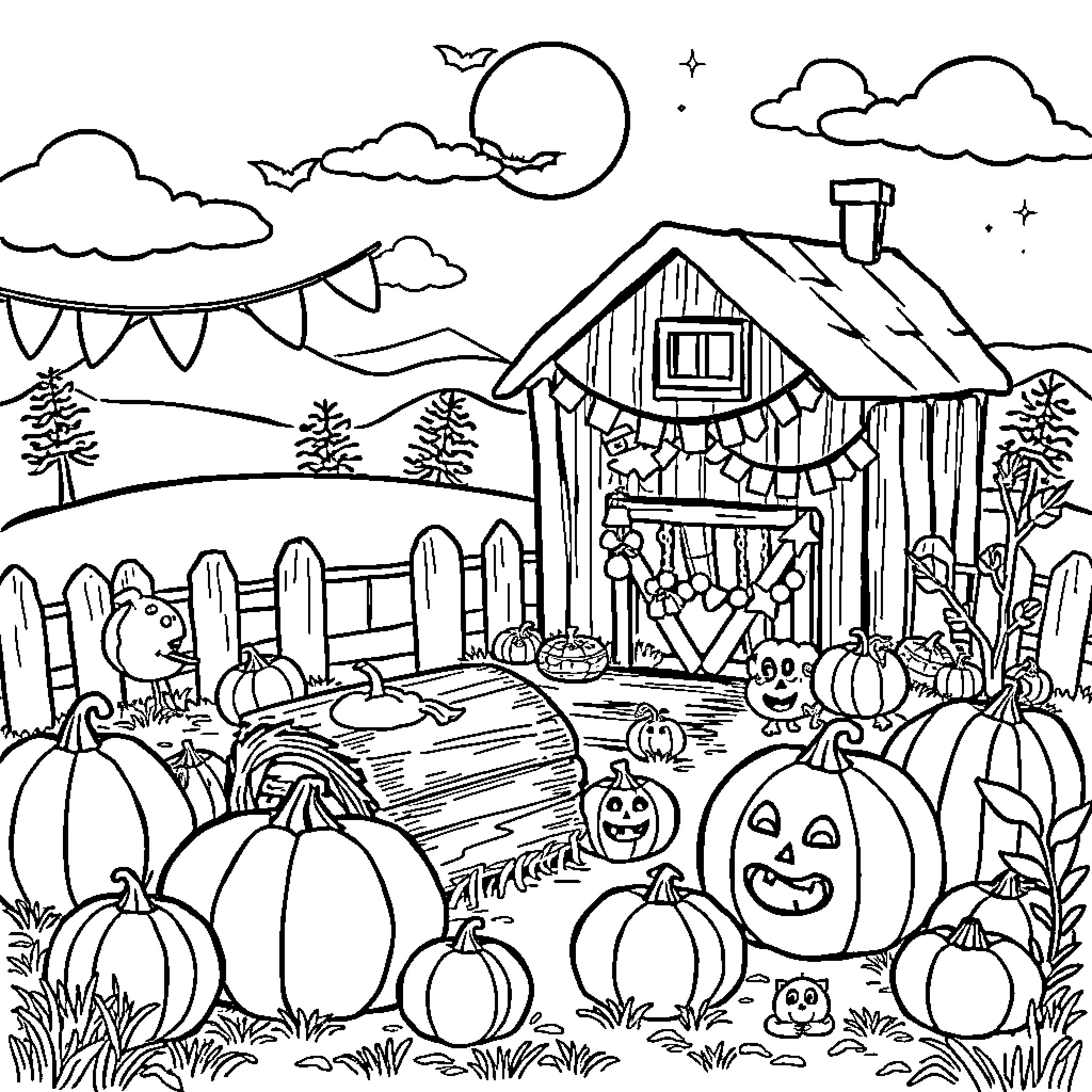Farm scene with pumpkins and Halloween decor Coloring Page (free black-and-white line drawing printable PDF for all, from beginners to advanced learners, including children, teens, adults, and seniors)