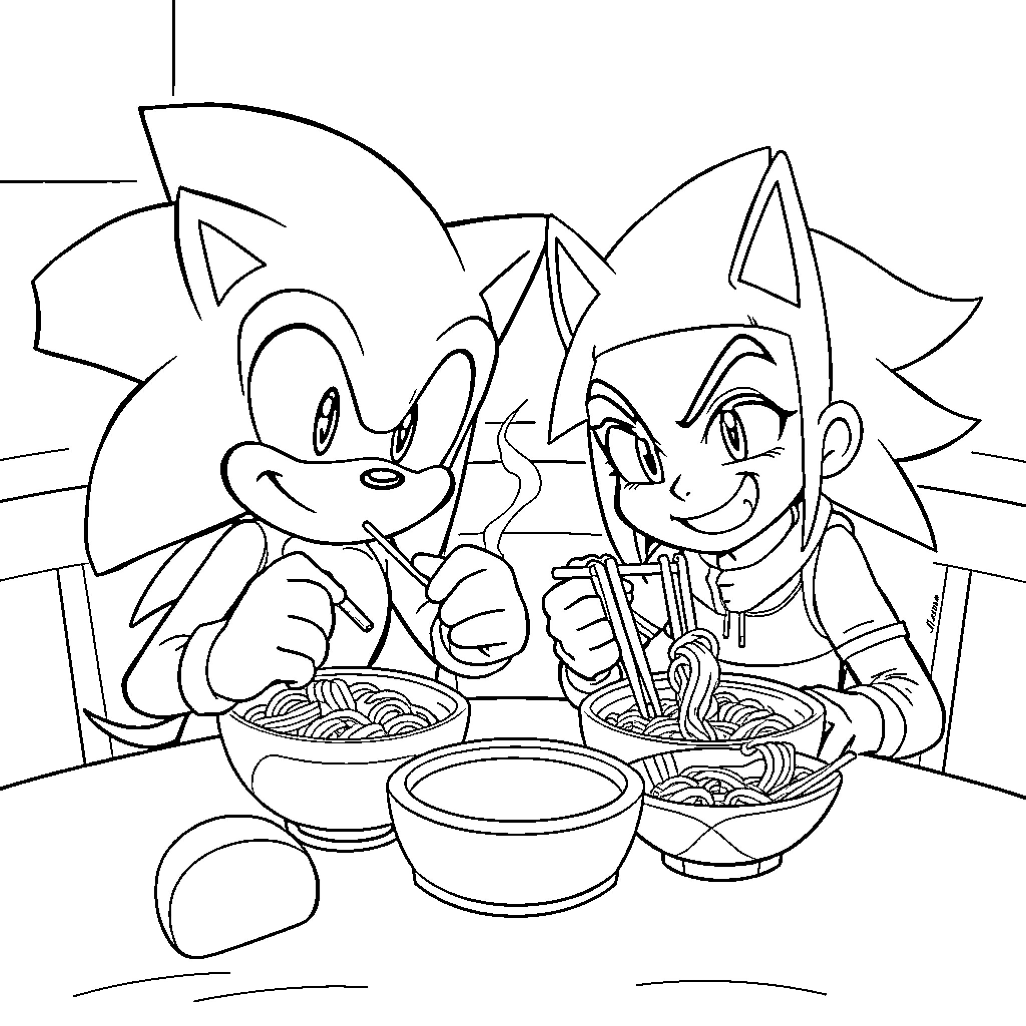 Sonic characters enjoying a meal together Coloring Page (free black-and-white line drawing printable PDF for all, from beginners to advanced learners, including children, teens, adults, and seniors)