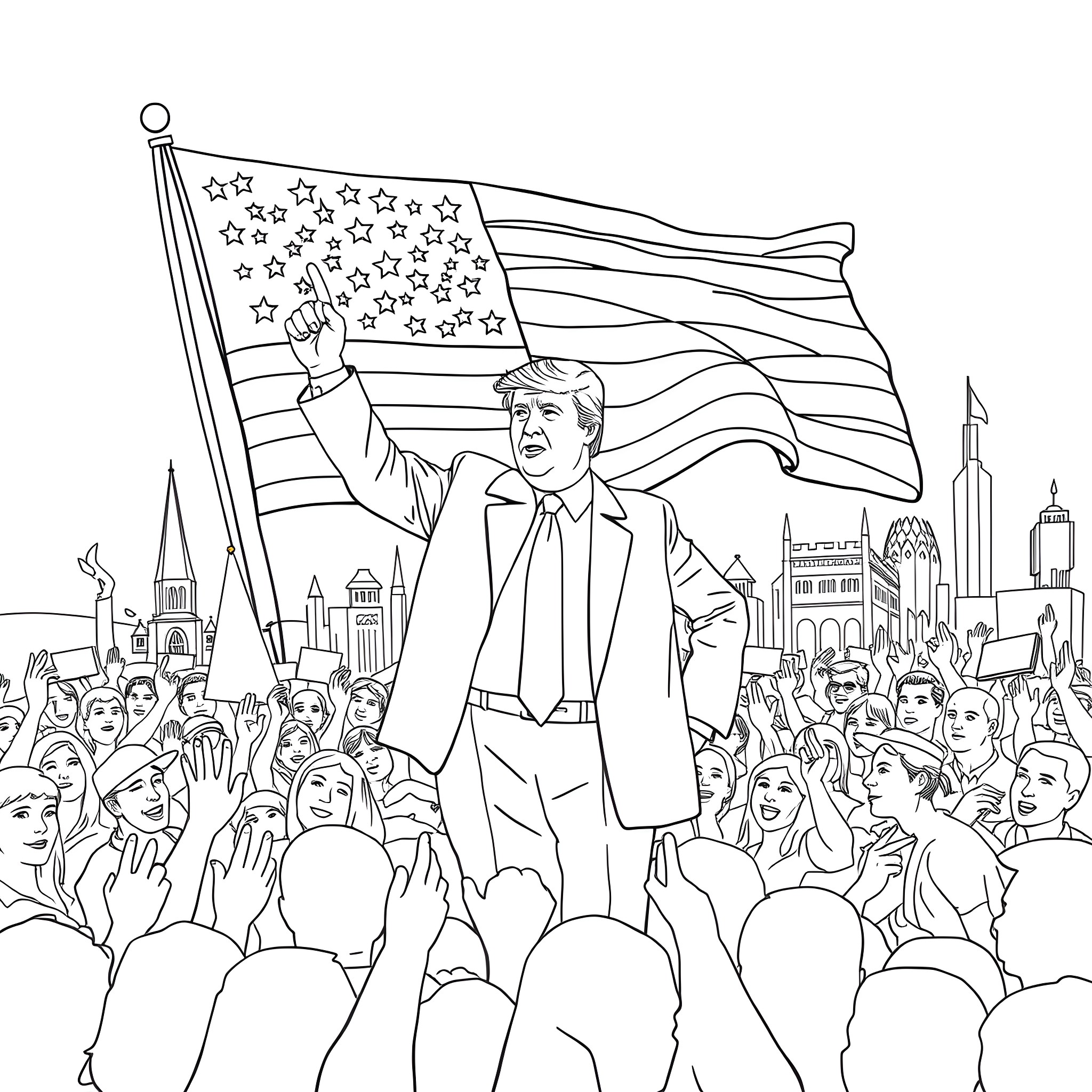 Trump rallying supporters with American flag in the background Coloring Page (free black-and-white line drawing printable PDF for all, from beginners to advanced learners, including children, teens, adults, and seniors)