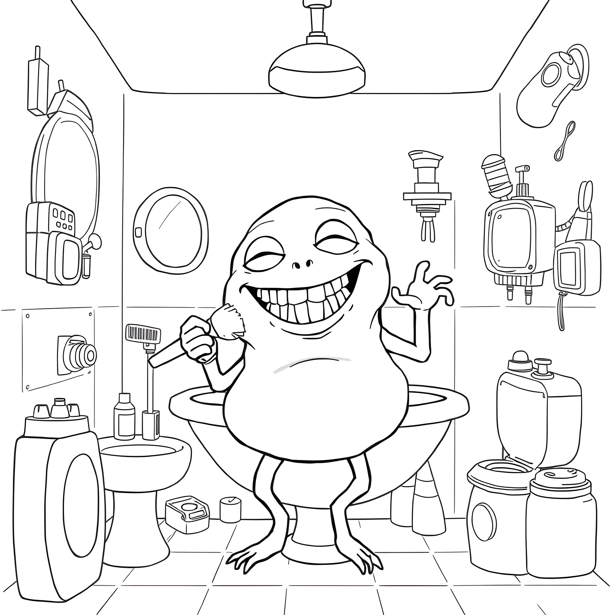 Alien Creature Happily in Bathroom Surrounded by Household Items Coloring Page (free black-and-white line drawing printable PDF for all, from beginners to advanced learners, including children, teens, adults, and seniors)