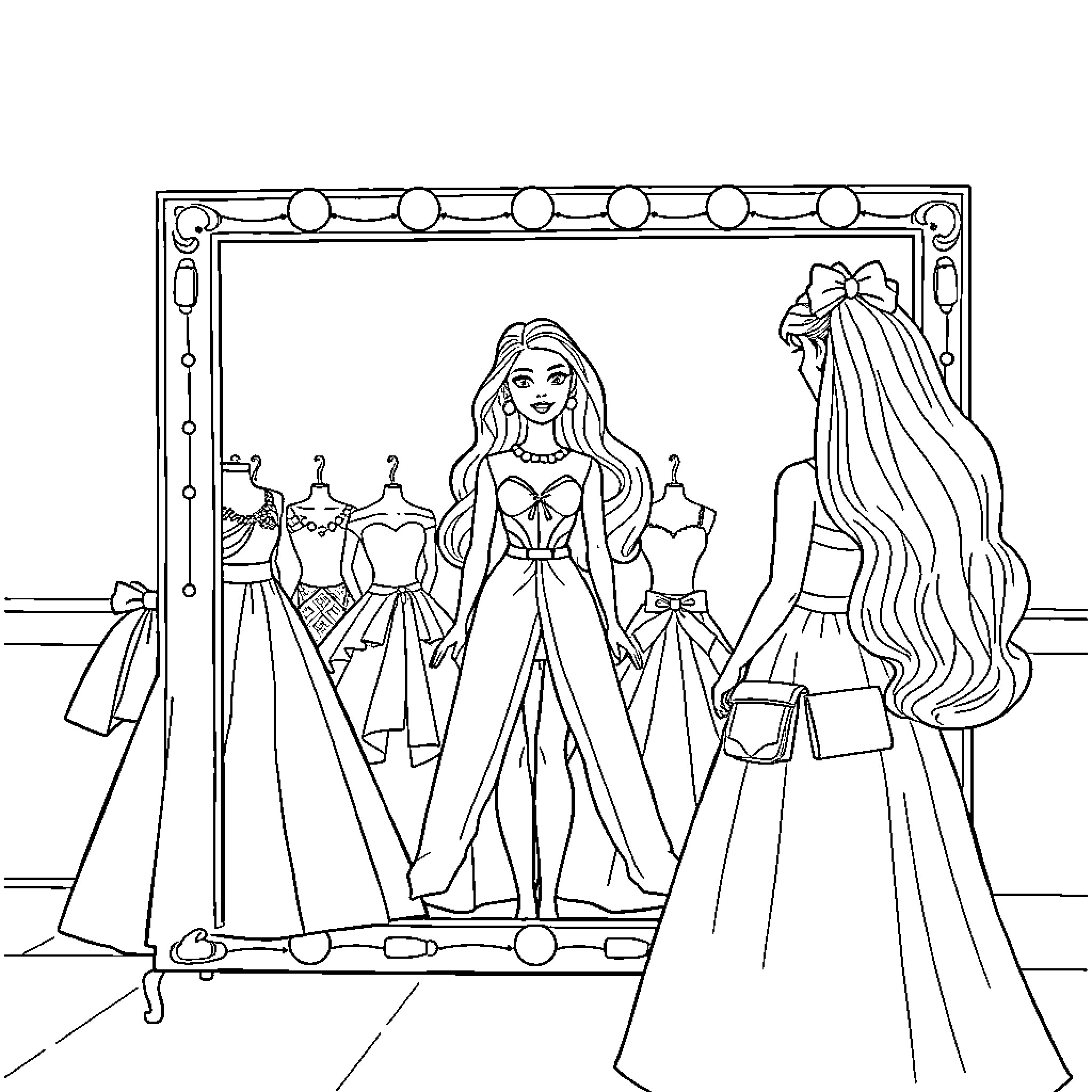 Barbie trying on different dresses in a dressing room Coloring Page (free black-and-white line drawing printable PDF for all, from beginners to advanced learners, including children, teens, adults, and seniors)