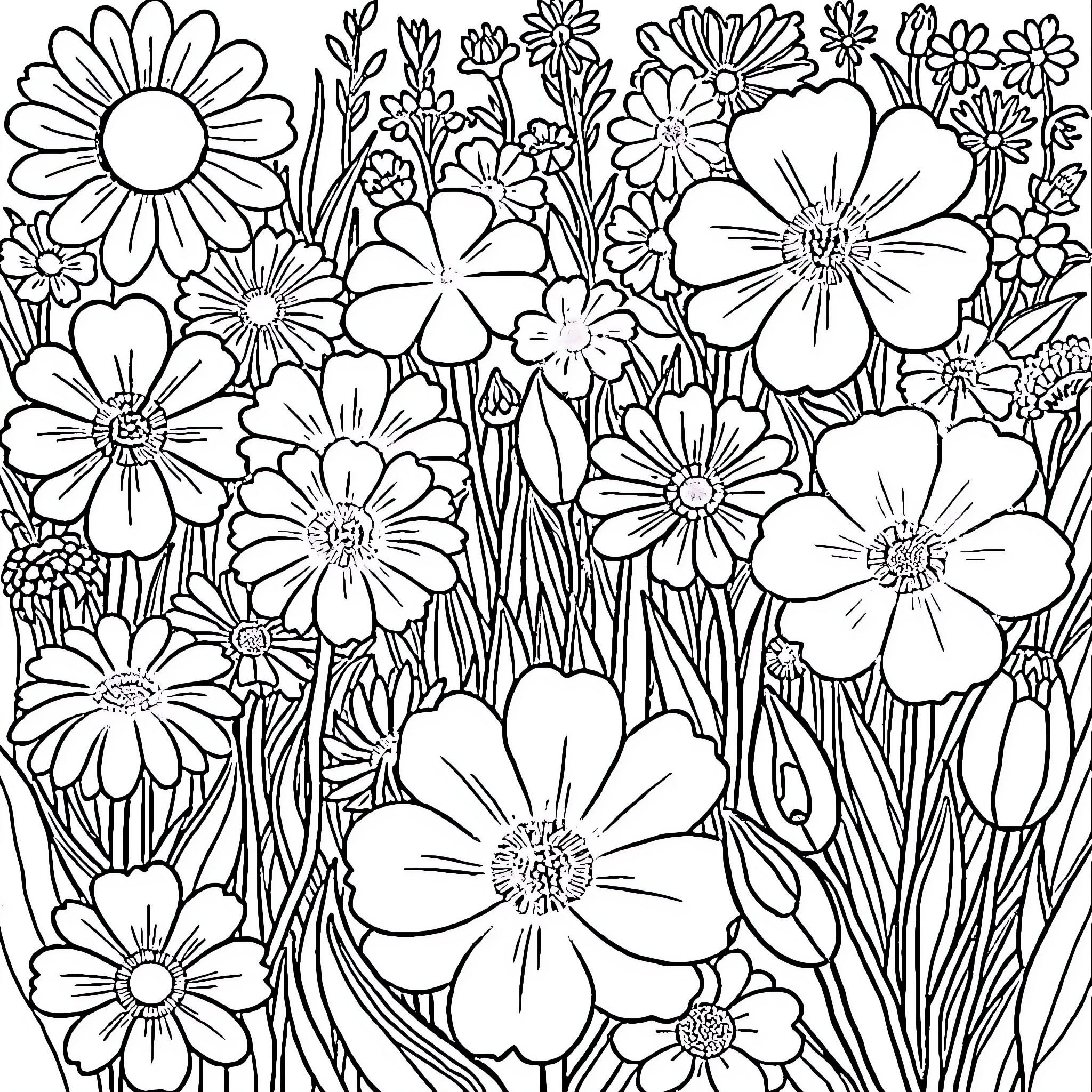 Flower field with various blooming flowers Coloring Page (free black-and-white line drawing printable PDF for all, from beginners to advanced learners, including children, teens, adults, and seniors)
