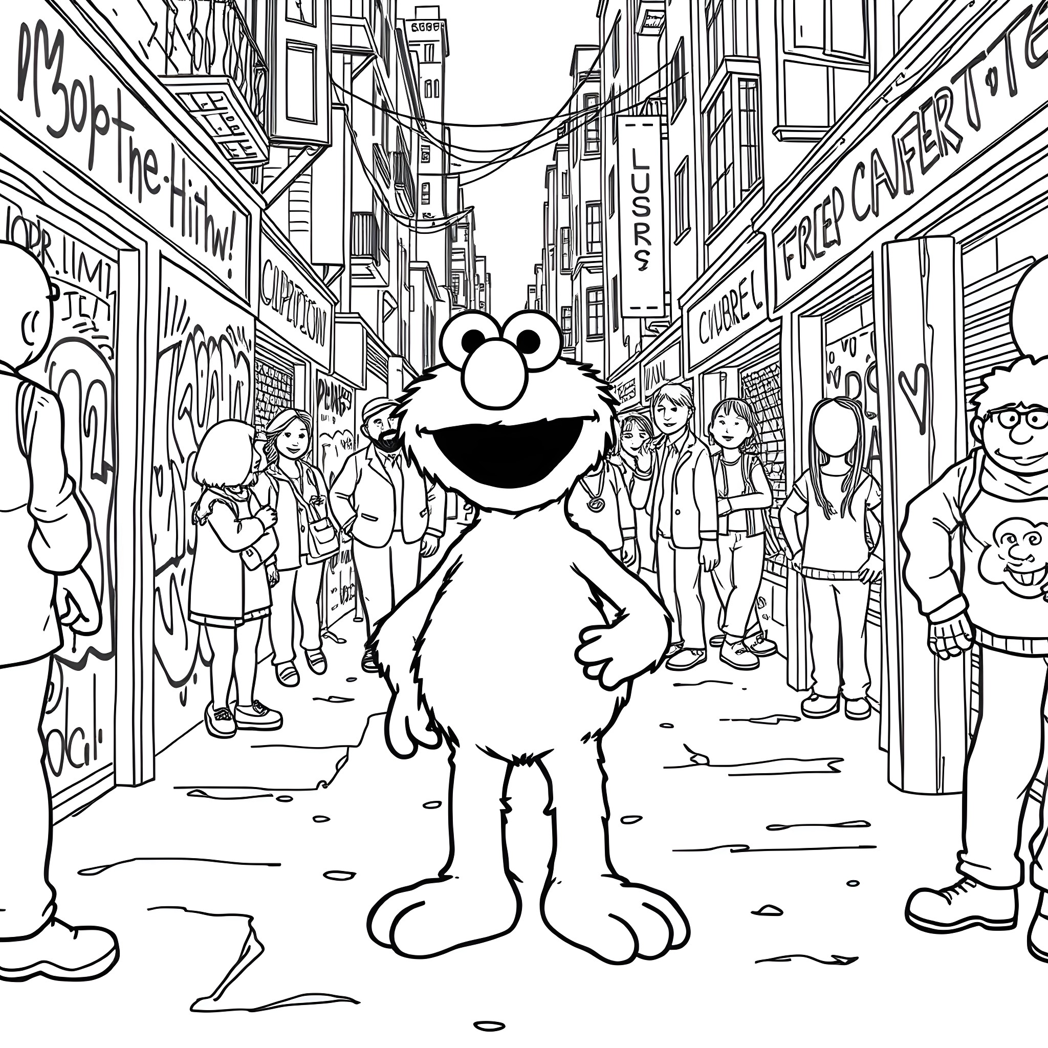 Elmo Explores the Lively City Street Coloring Page (free black-and-white line drawing printable PDF for all, from beginners to advanced learners, including children, teens, adults, and seniors)