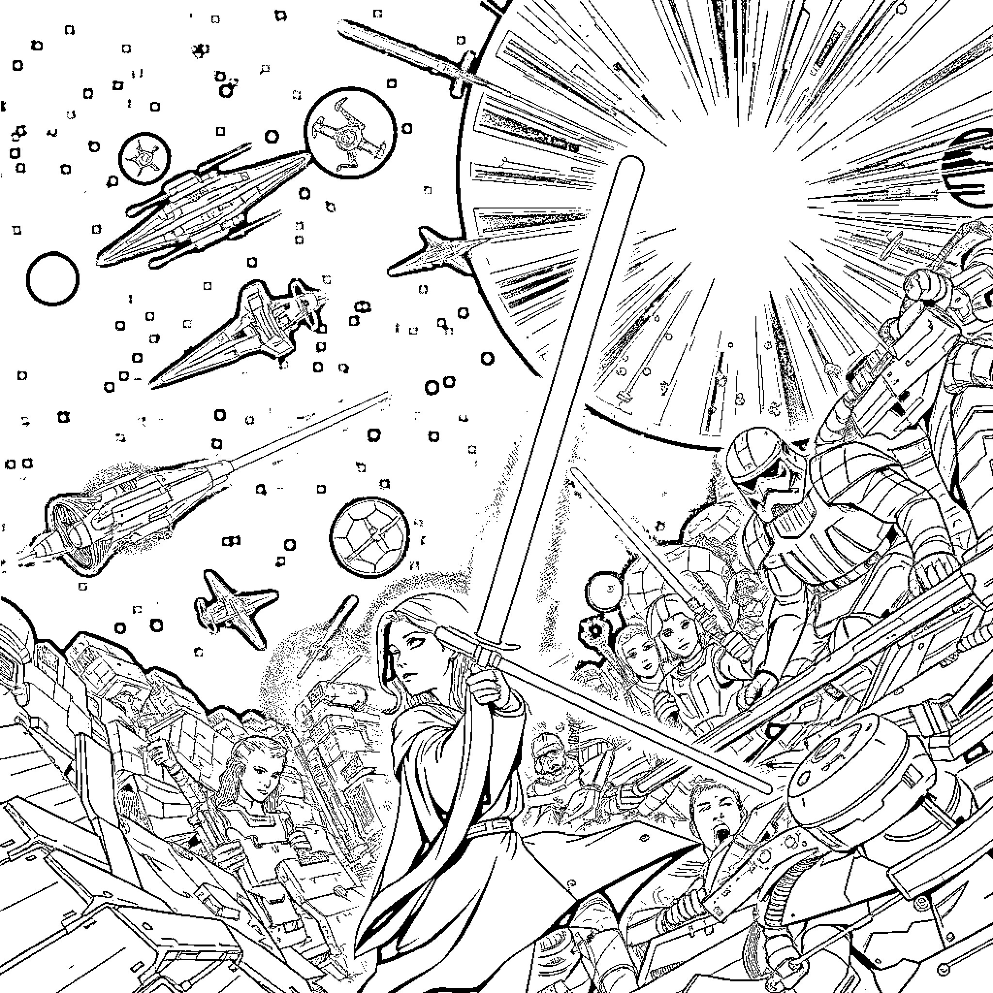 Star Wars: Epic Space Battle and Heroic Characters Coloring Page (free black-and-white line drawing printable PDF for all, from beginners to advanced learners, including children, teens, adults, and seniors)