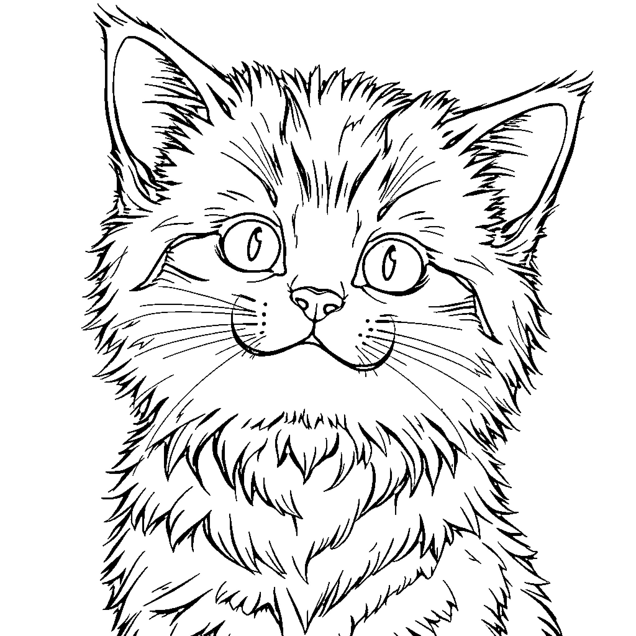 Cat with Expressive Eyes Coloring Page (free black-and-white line drawing printable PDF for all, from beginners to advanced learners, including children, teens, adults, and seniors)