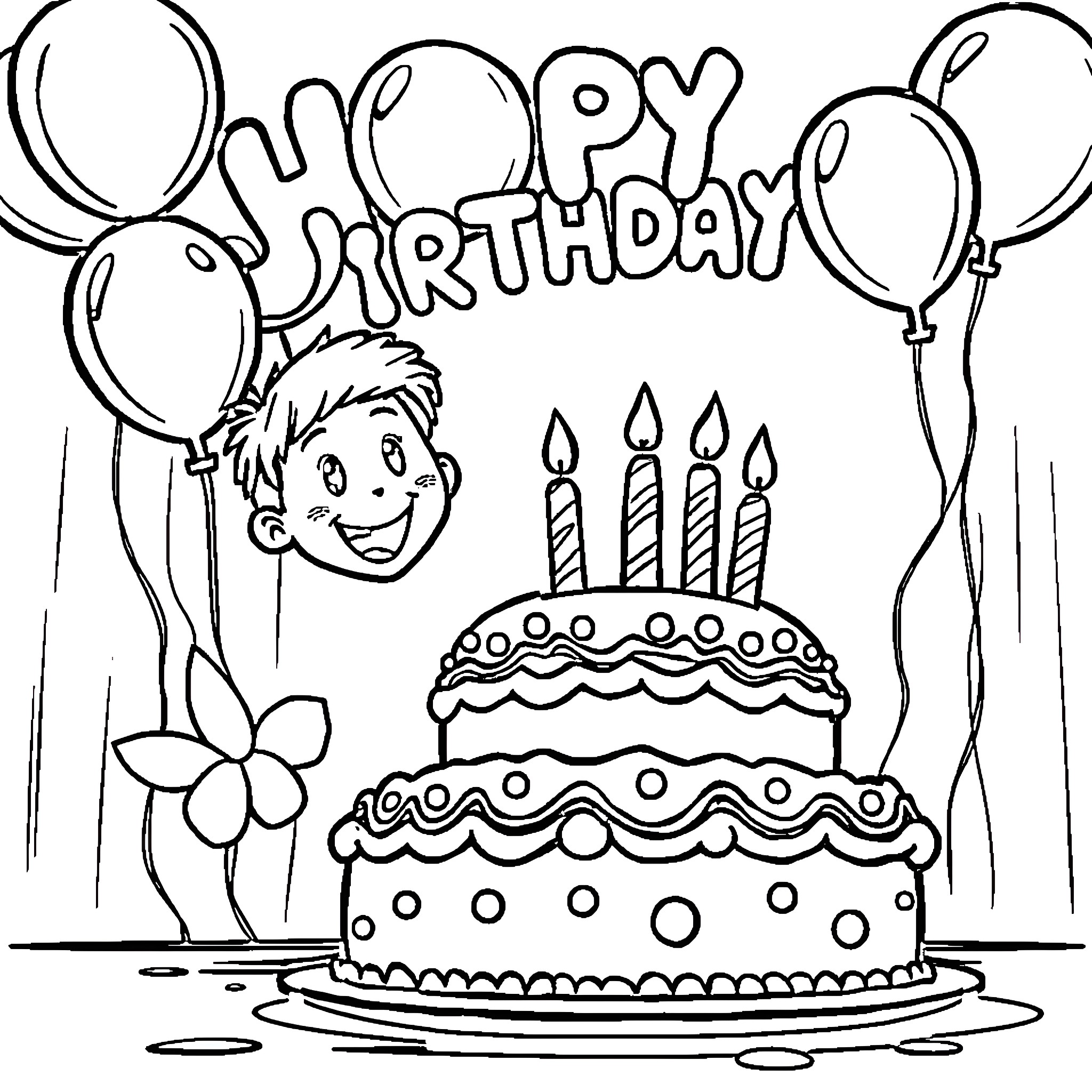 Birthday Celebration with Cake and Balloons Coloring Page (free black-and-white line drawing printable PDF for all, from beginners to advanced learners, including children, teens, adults, and seniors)
