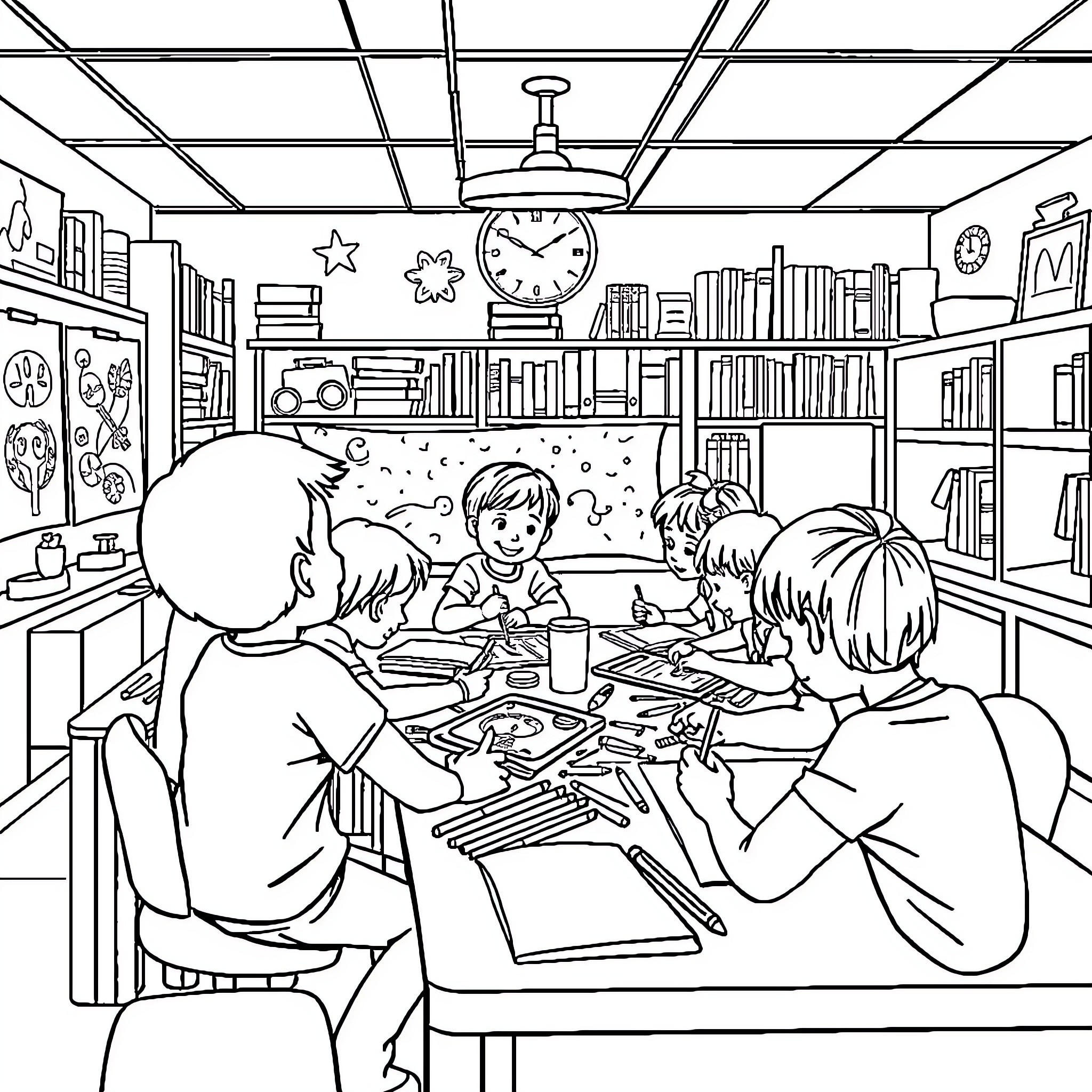 Fifth Grade Classroom with Students Working Together Coloring Page (free black-and-white line drawing printable PDF for all, from beginners to advanced learners, including children, teens, adults, and seniors)