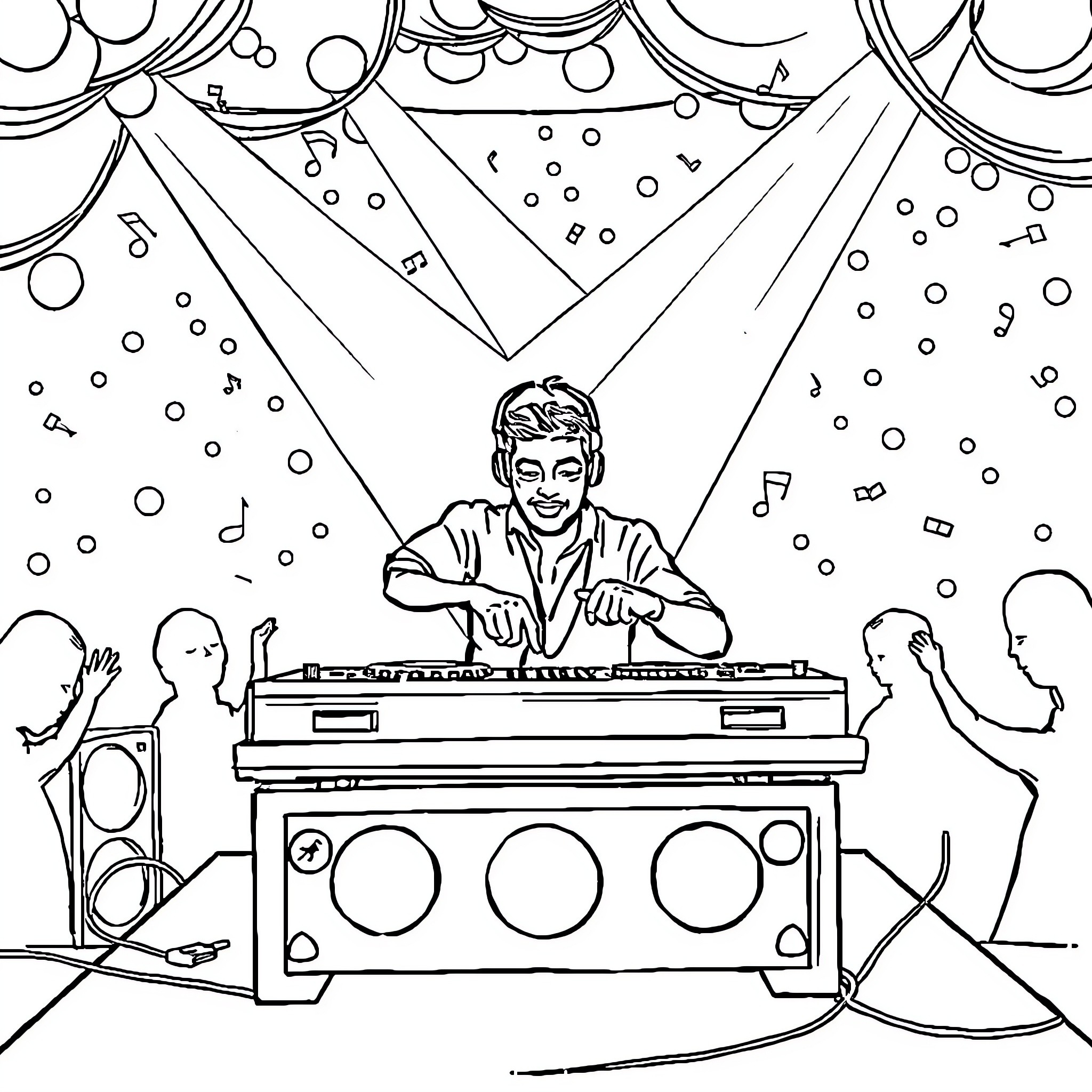DJ Mixing Tunes on Stage with Dancers Coloring Page (free black-and-white line drawing printable PDF for all, from beginners to advanced learners, including children, teens, adults, and seniors)