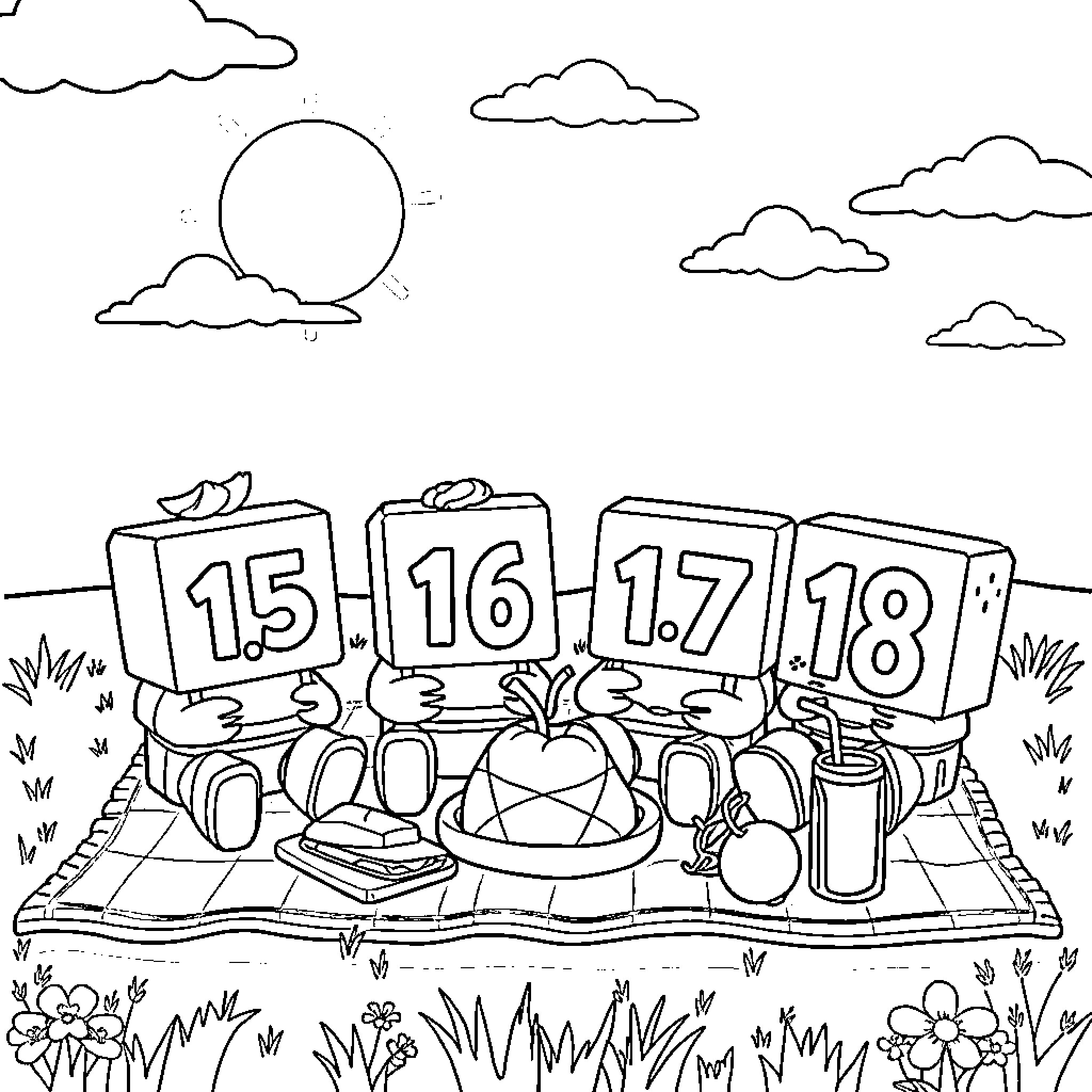Numberblocks picnicking under the sun Coloring Page (free black-and-white line drawing printable PDF for all, from beginners to advanced learners, including children, teens, adults, and seniors)