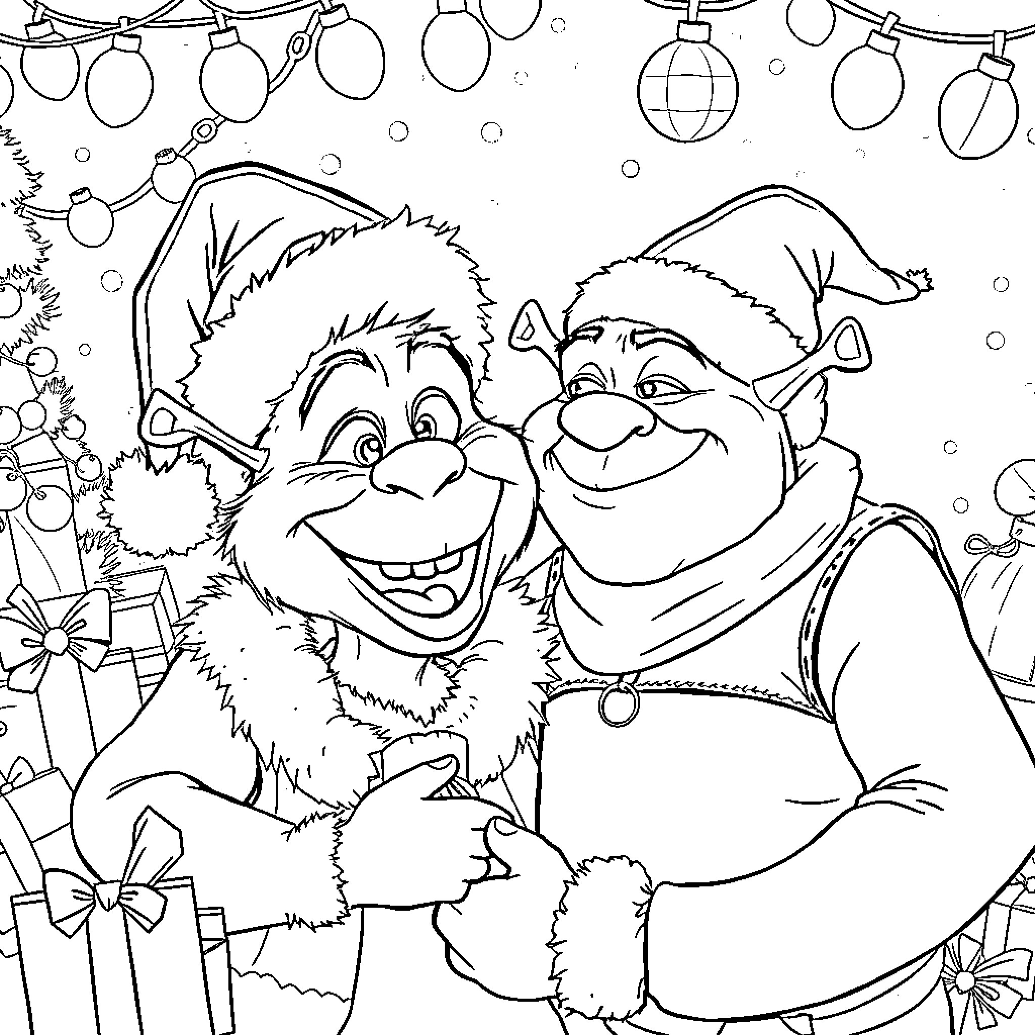 Shrek and Fiona celebrating Christmas together Coloring Page (free black-and-white line drawing printable PDF for all, from beginners to advanced learners, including children, teens, adults, and seniors)