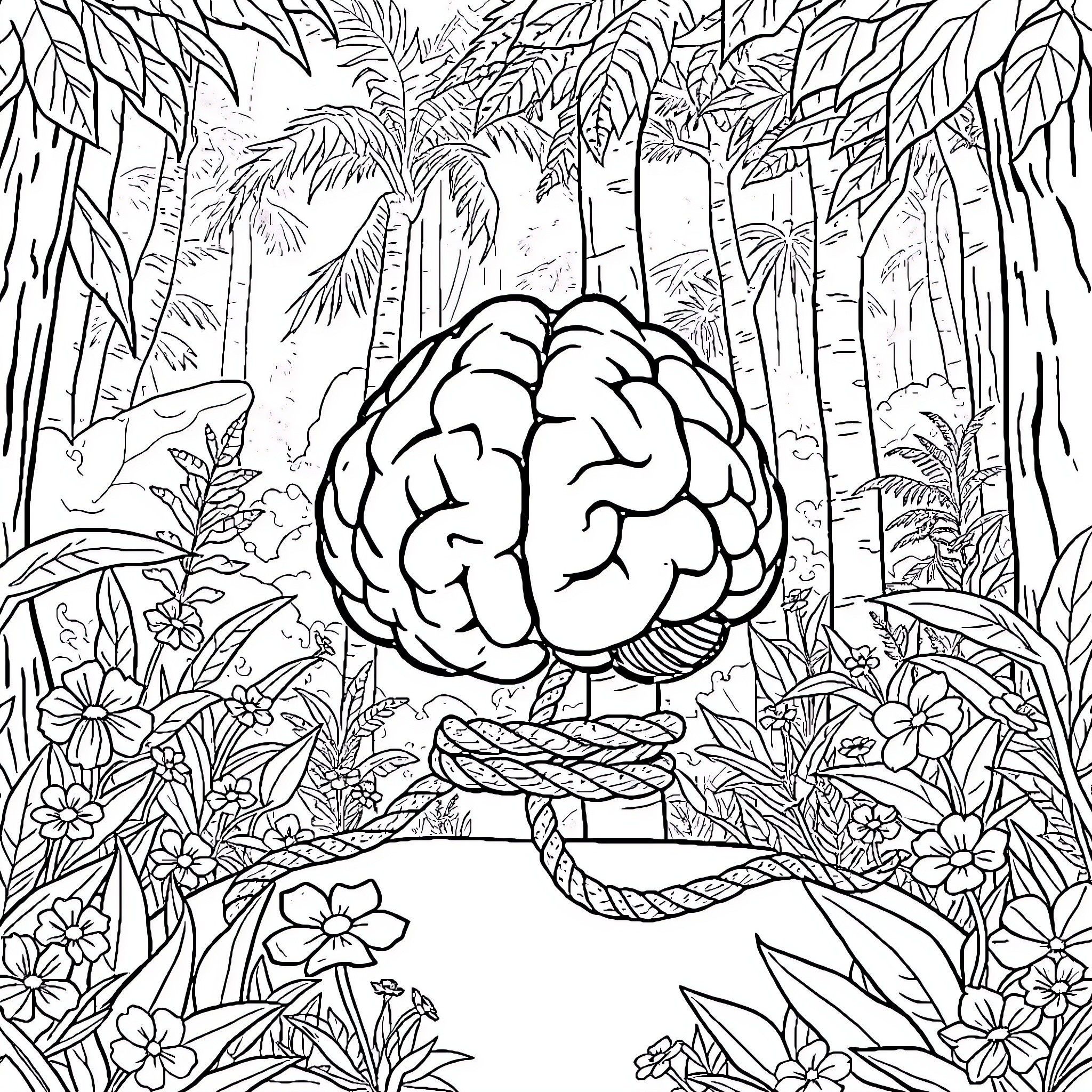 Brain traversing through a lush jungle landscape Coloring Page (free black-and-white line drawing printable PDF for all, from beginners to advanced learners, including children, teens, adults, and seniors)