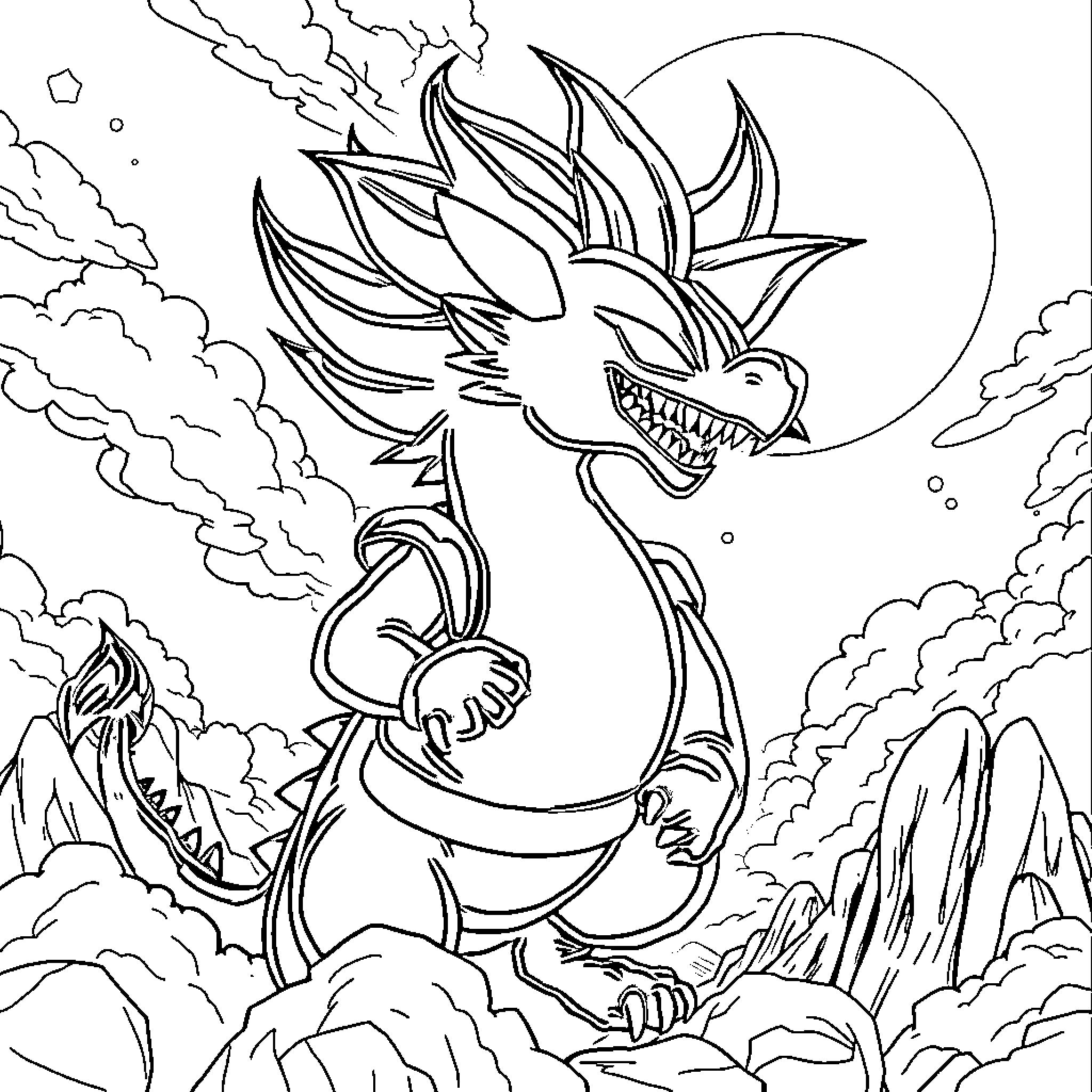 Dragon Ball Fierce Dragon Soaring in the Sky Coloring Page (free black-and-white line drawing printable PDF for all, from beginners to advanced learners, including children, teens, adults, and seniors)