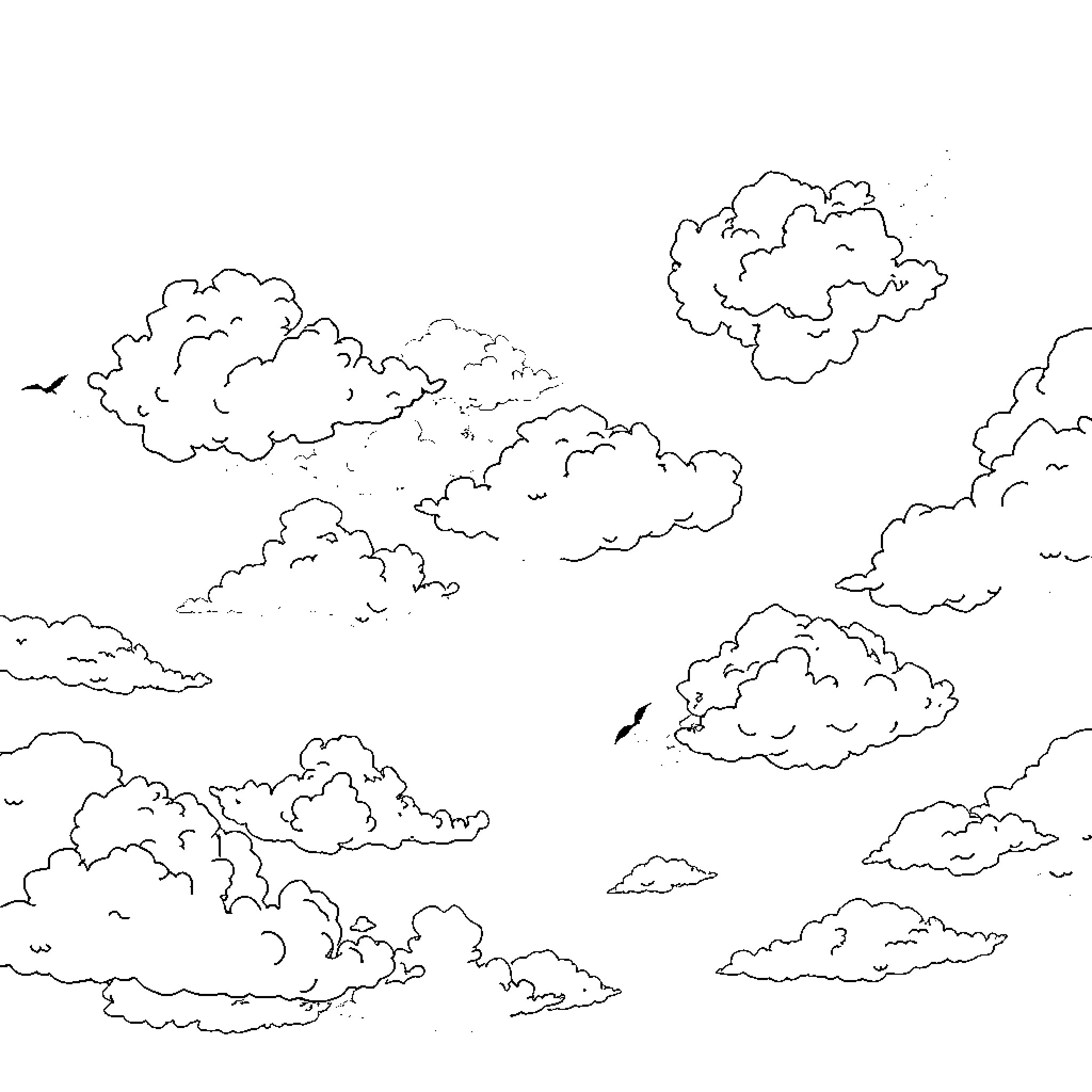 Sky filled with fluffy clouds and birds Coloring Page (free black-and-white line drawing printable PDF for all, from beginners to advanced learners, including children, teens, adults, and seniors)