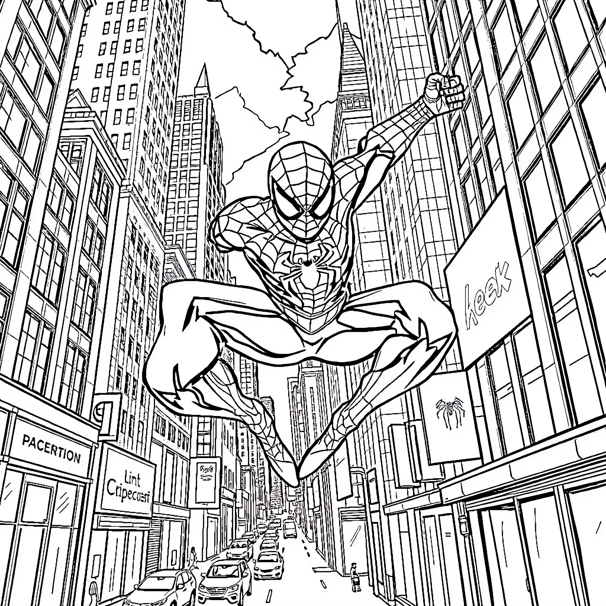 Spiderman swinging through the city skyline Coloring Page (free black-and-white line drawing printable PDF for all, from beginners to advanced learners, including children, teens, adults, and seniors)