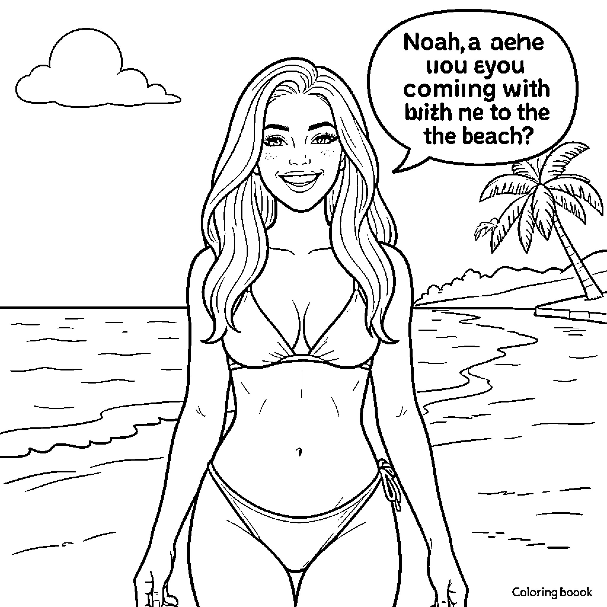Ariana Grande smiling in a bikini at the beach Coloring Page (free black-and-white line drawing printable PDF for all, from beginners to advanced learners, including children, teens, adults, and seniors)